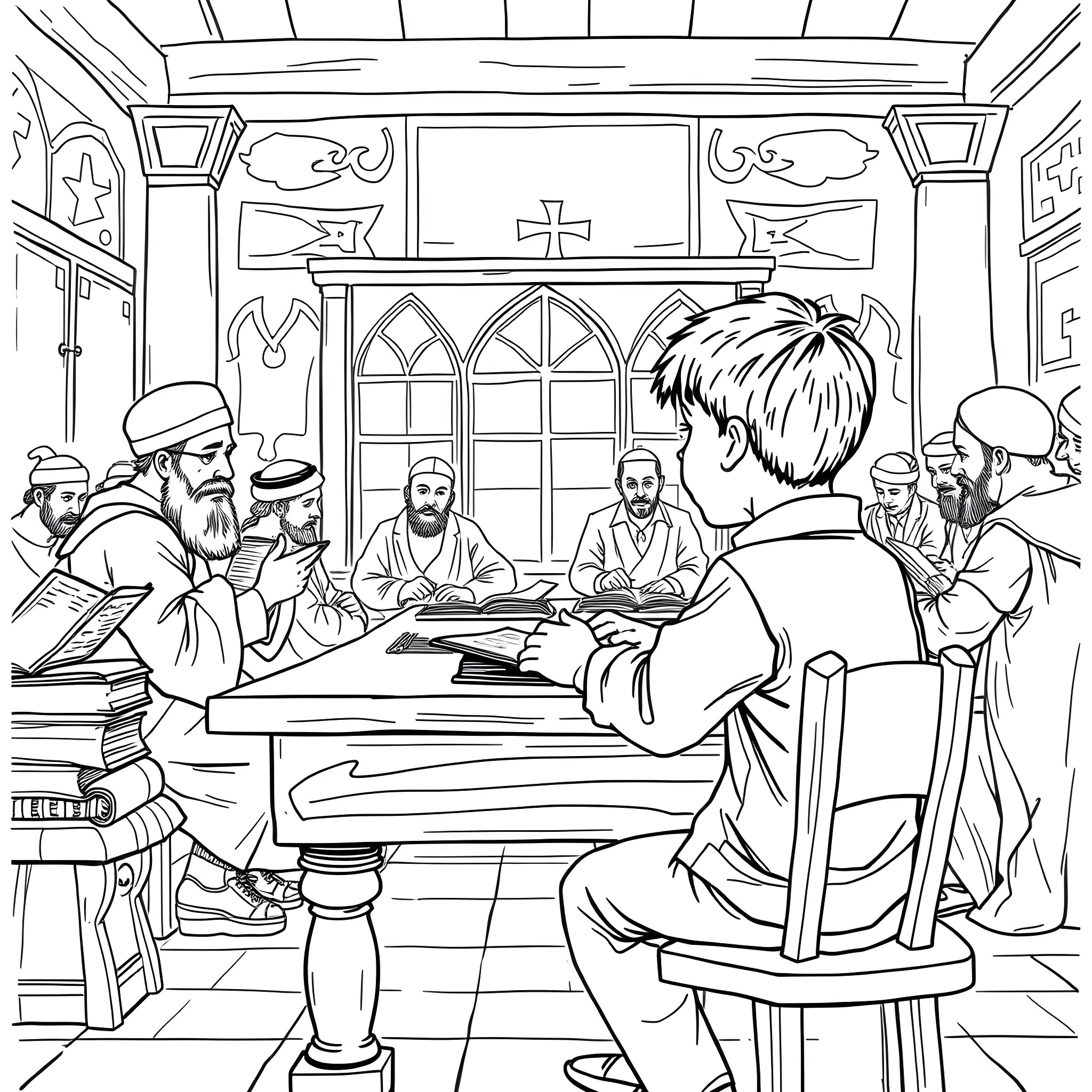 Boy witnesses religious gathering in ornate church Coloring Page (free black-and-white line drawing printable PDF for all, from beginners to advanced learners, including children, teens, adults, and seniors)