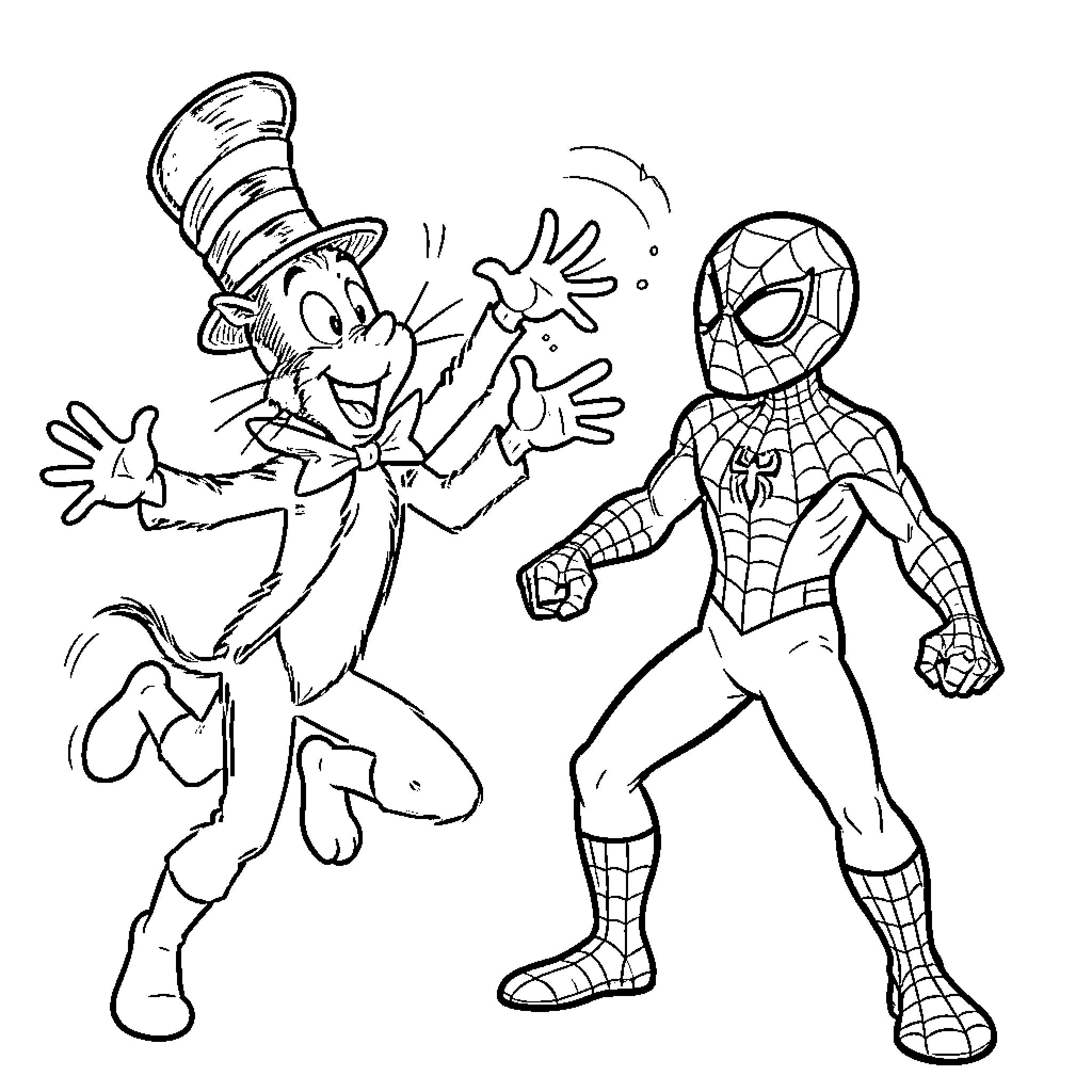Cat in the Hat dancing with a superhero Coloring Page (free black-and-white line drawing printable PDF for all, from beginners to advanced learners, including children, teens, adults, and seniors)