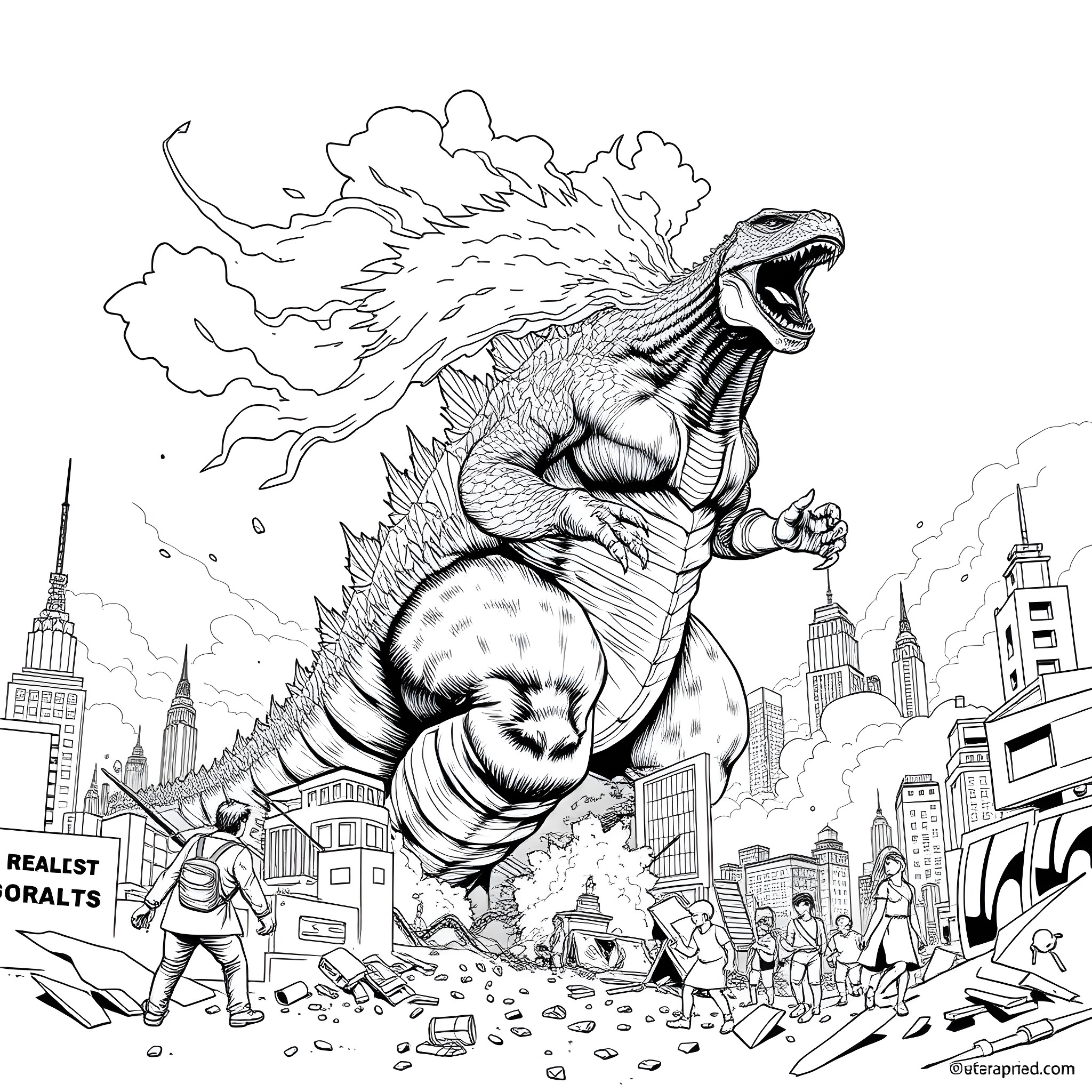 Godzilla rampaging through a city landscape Coloring Page (free black-and-white line drawing printable PDF for all, from beginners to advanced learners, including children, teens, adults, and seniors)