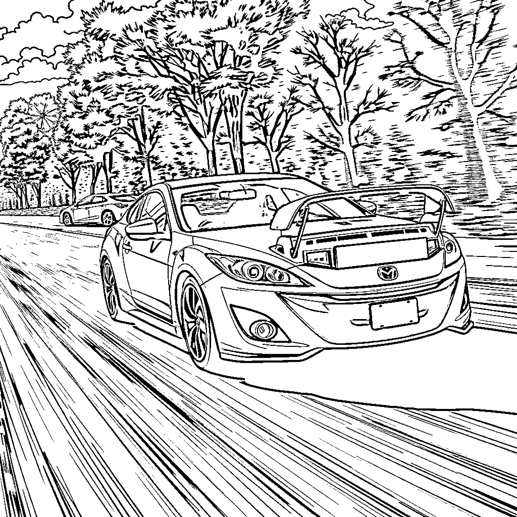 Car speeding through a scenic forest landscape Coloring Page (free black-and-white line drawing printable PDF for all, from beginners to advanced learners, including children, teens, adults, and seniors)