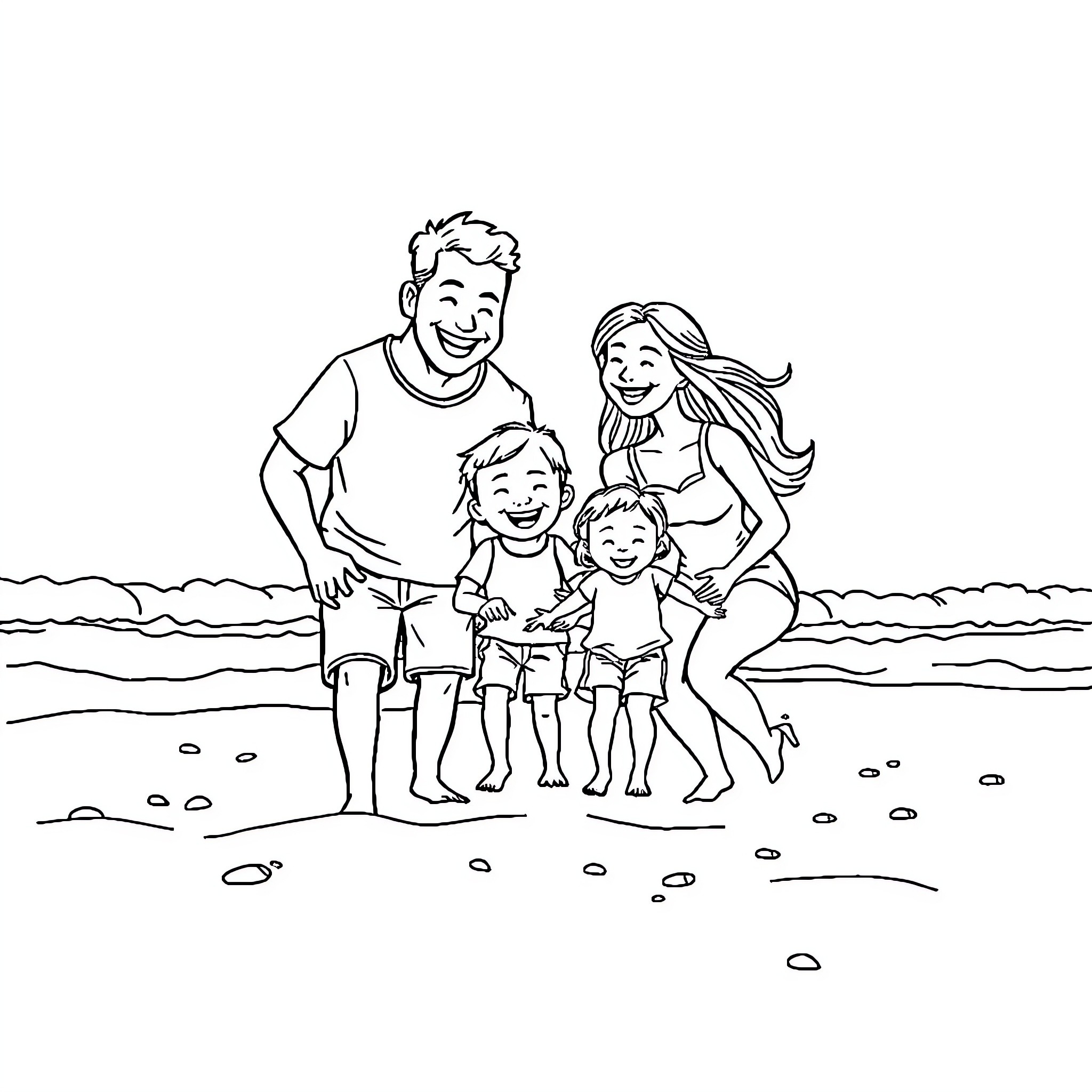 Family enjoying time at the beach Coloring Page (free black-and-white line drawing printable PDF for all, from beginners to advanced learners, including children, teens, adults, and seniors)