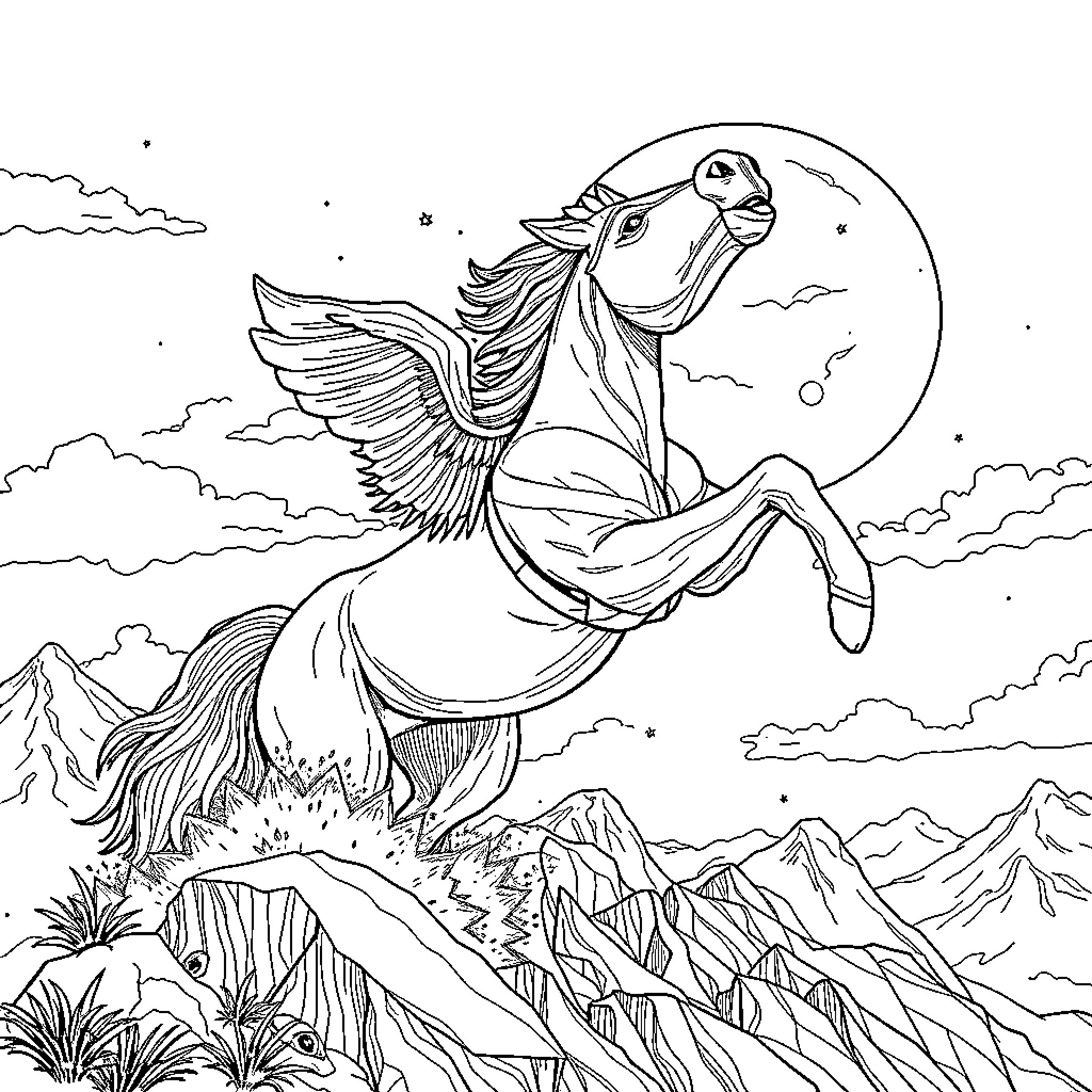 Roller Coaster of emotions with a winged horse rearing Coloring Page (free black-and-white line drawing printable PDF for all, from beginners to advanced learners, including children, teens, adults, and seniors)