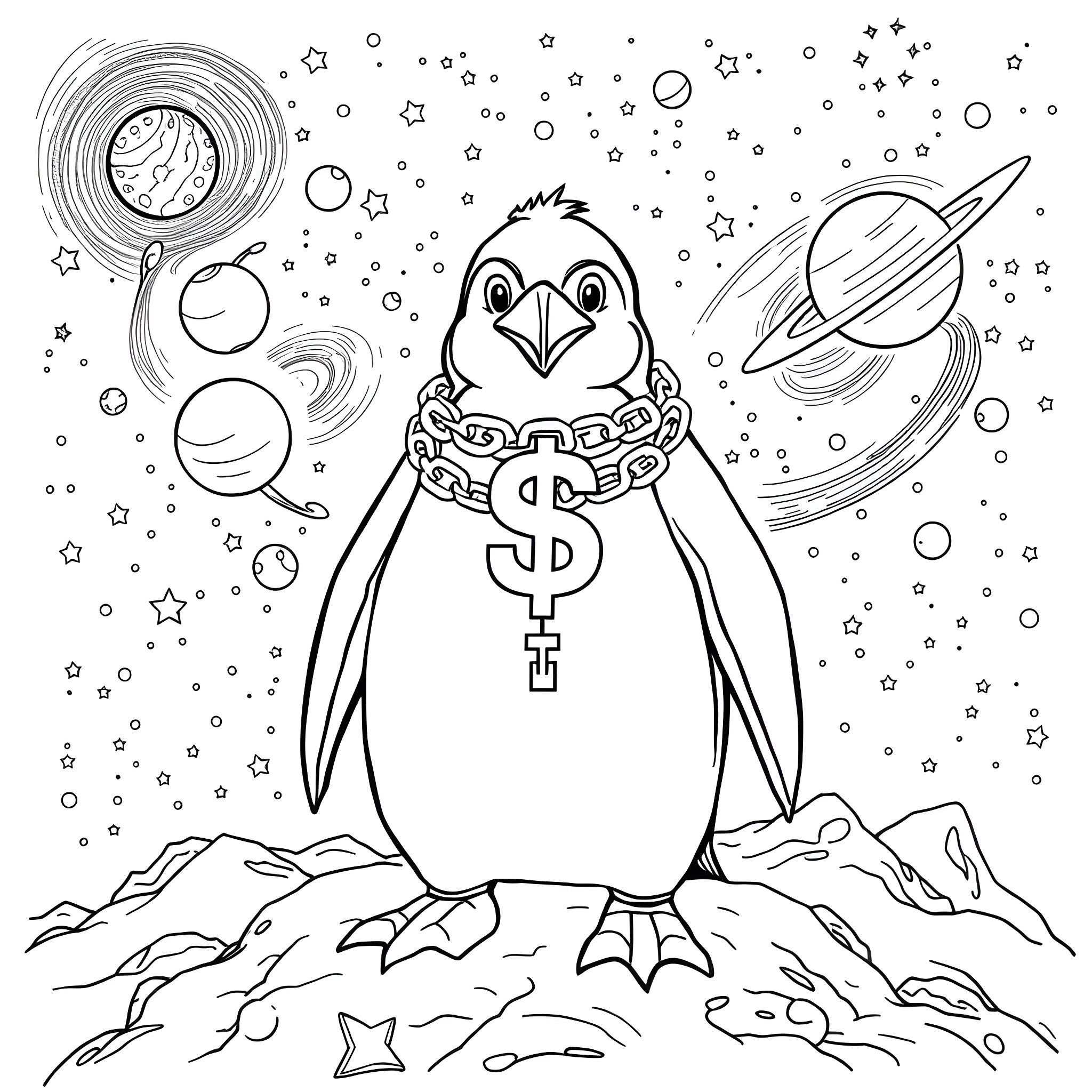 Penguin standing on rocks with cosmic elements Coloring Page (free black-and-white line drawing printable PDF for all, from beginners to advanced learners, including children, teens, adults, and seniors)