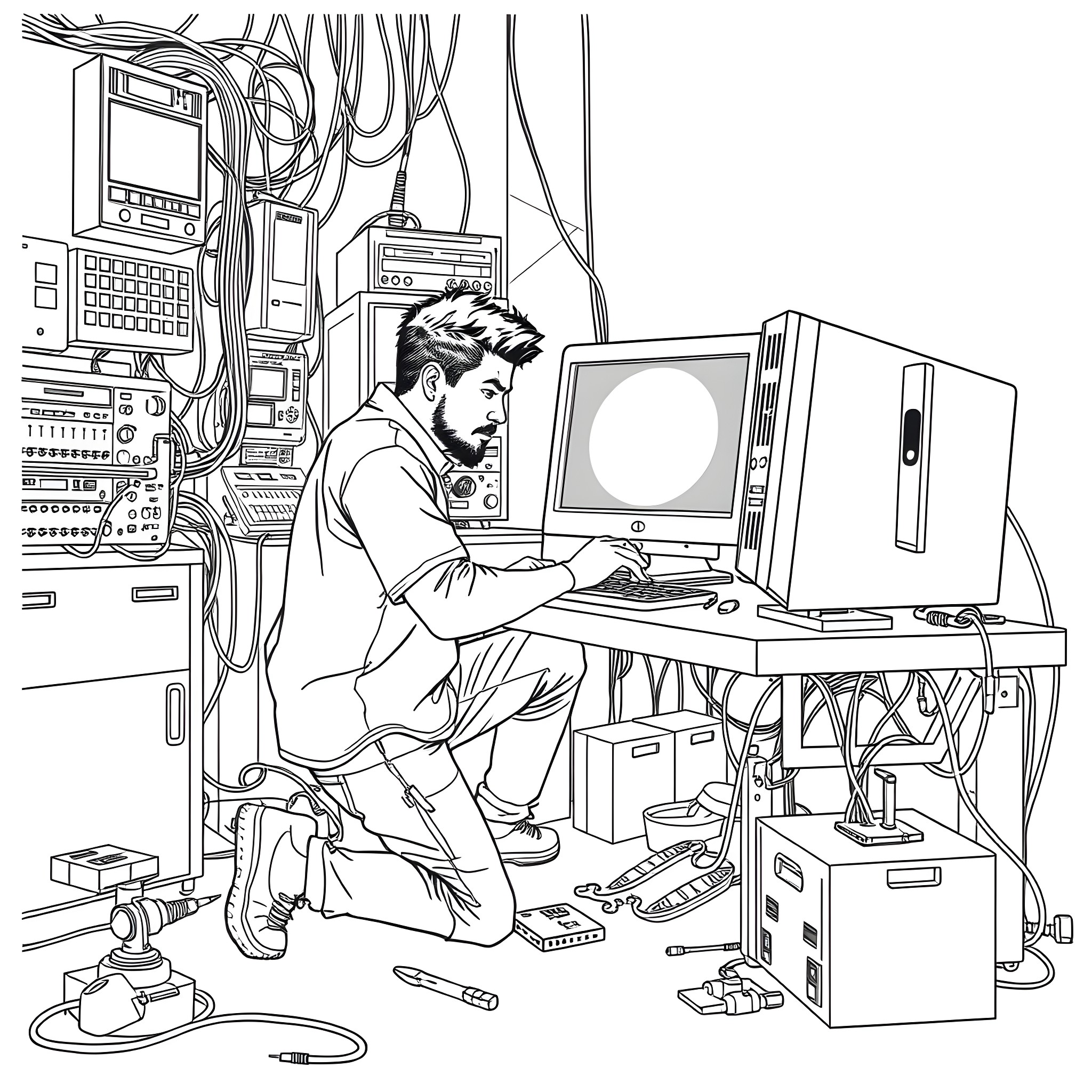 Tyrone Adams working diligently on computer in cluttered tech workspace Coloring Page (free black-and-white line drawing printable PDF for all, from beginners to advanced learners, including children, teens, adults, and seniors)