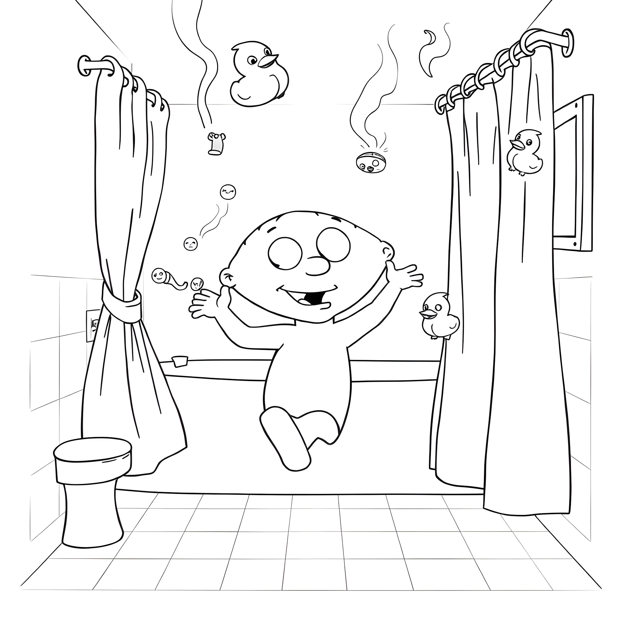 Stewie Having Fun in the Bathroom Coloring Page (free black-and-white line drawing printable PDF for all, from beginners to advanced learners, including children, teens, adults, and seniors)
