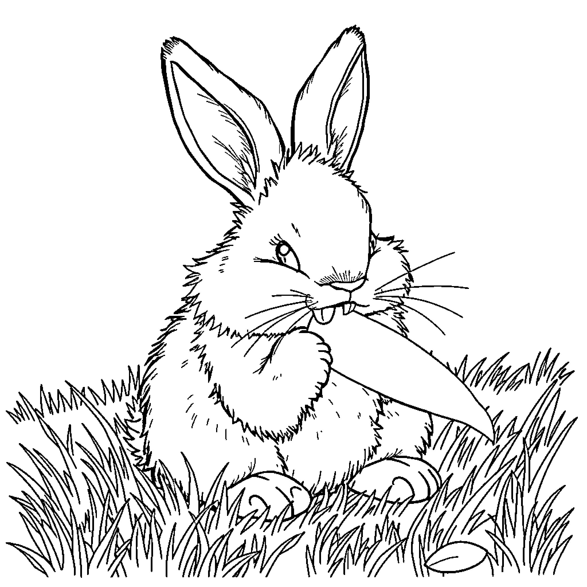 Bunny resting in the grass Coloring Page (free black-and-white line drawing printable PDF for all, from beginners to advanced learners, including children, teens, adults, and seniors)