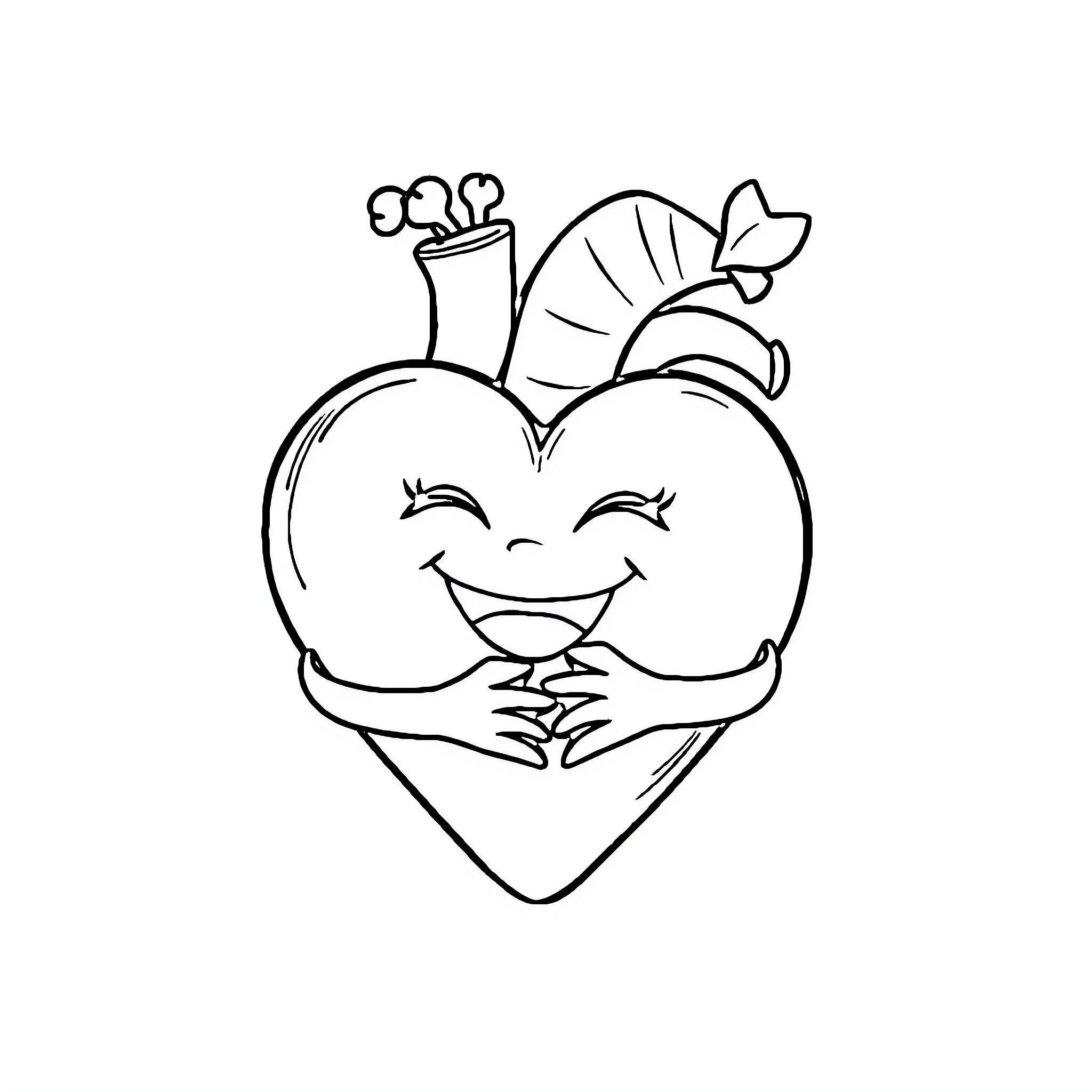 Heart hugging itself with joy Coloring Page (free black-and-white line drawing printable PDF for all, from beginners to advanced learners, including children, teens, adults, and seniors)