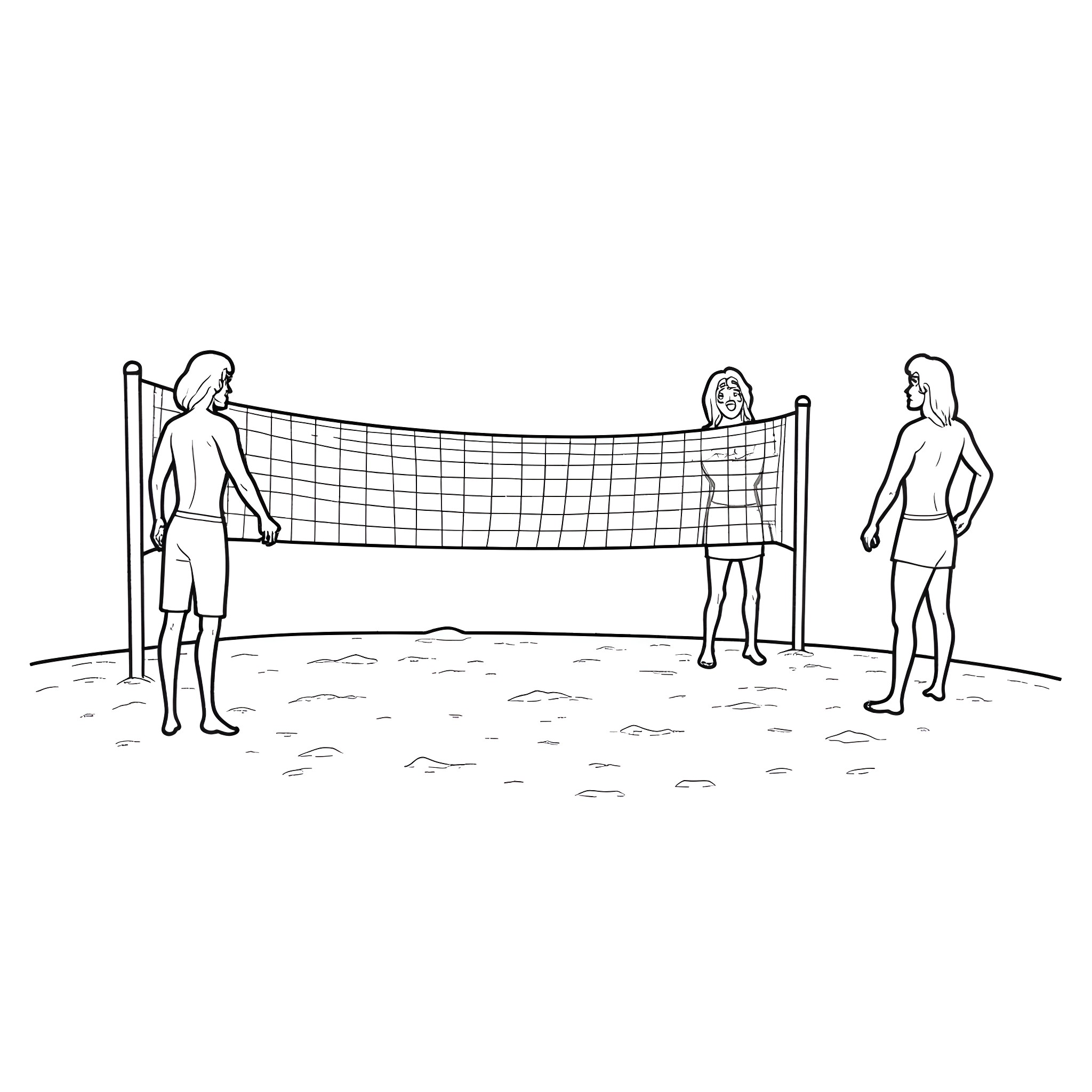 Jesus and friends playing volleyball on the beach Coloring Page (free black-and-white line drawing printable PDF for all, from beginners to advanced learners, including children, teens, adults, and seniors)