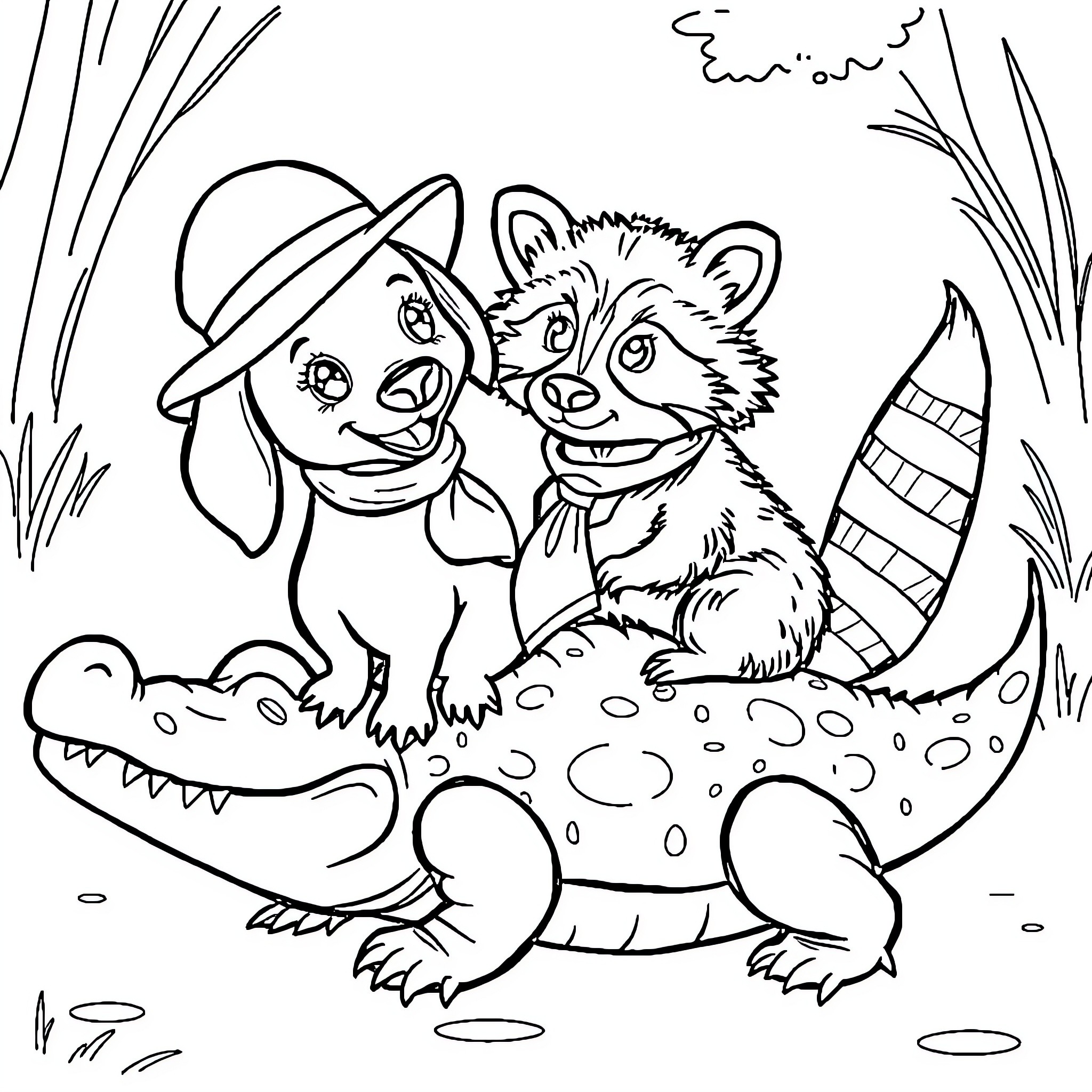 Dachshund and raccoon playing on alligator Coloring Page (free black-and-white line drawing printable PDF for all, from beginners to advanced learners, including children, teens, adults, and seniors)