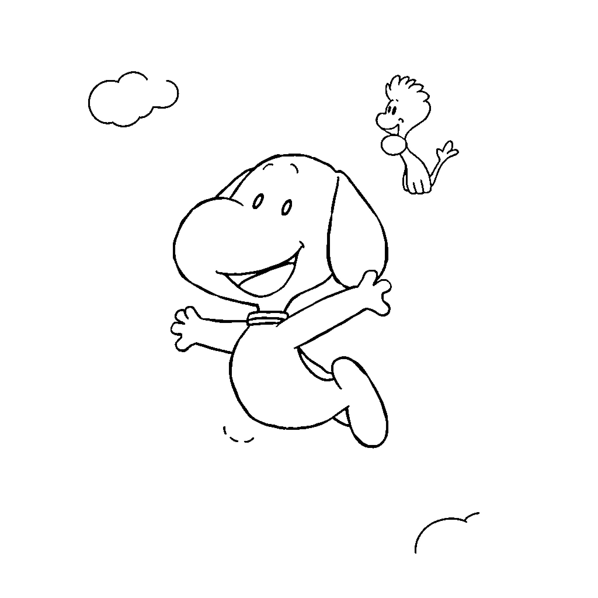 Snoopy running with joy and a bird companion Coloring Page (free black-and-white line drawing printable PDF for all, from beginners to advanced learners, including children, teens, adults, and seniors)