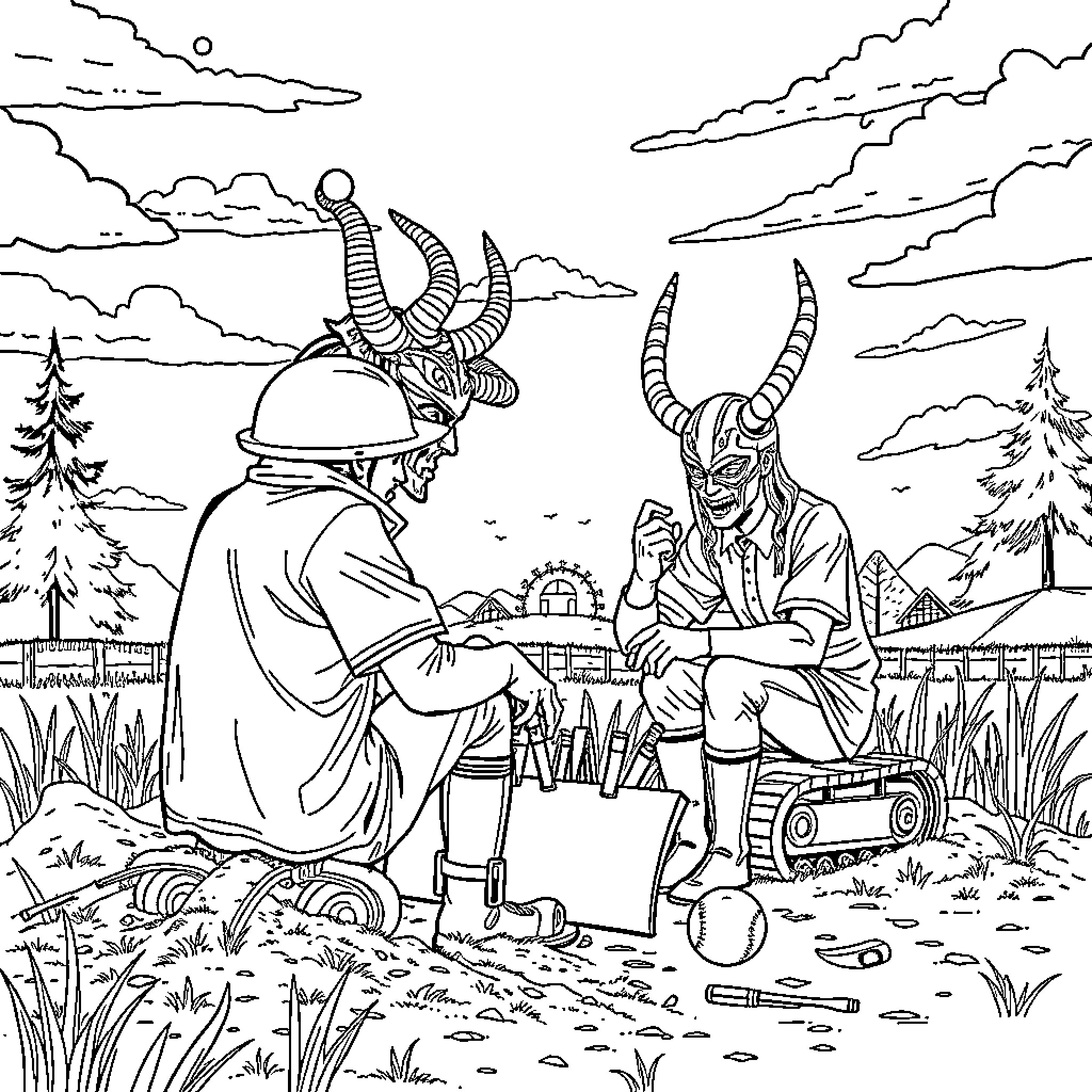 Excavator Interacts with Demonic Figures in Surreal Landscape Coloring Page (free black-and-white line drawing printable PDF for all, from beginners to advanced learners, including children, teens, adults, and seniors)