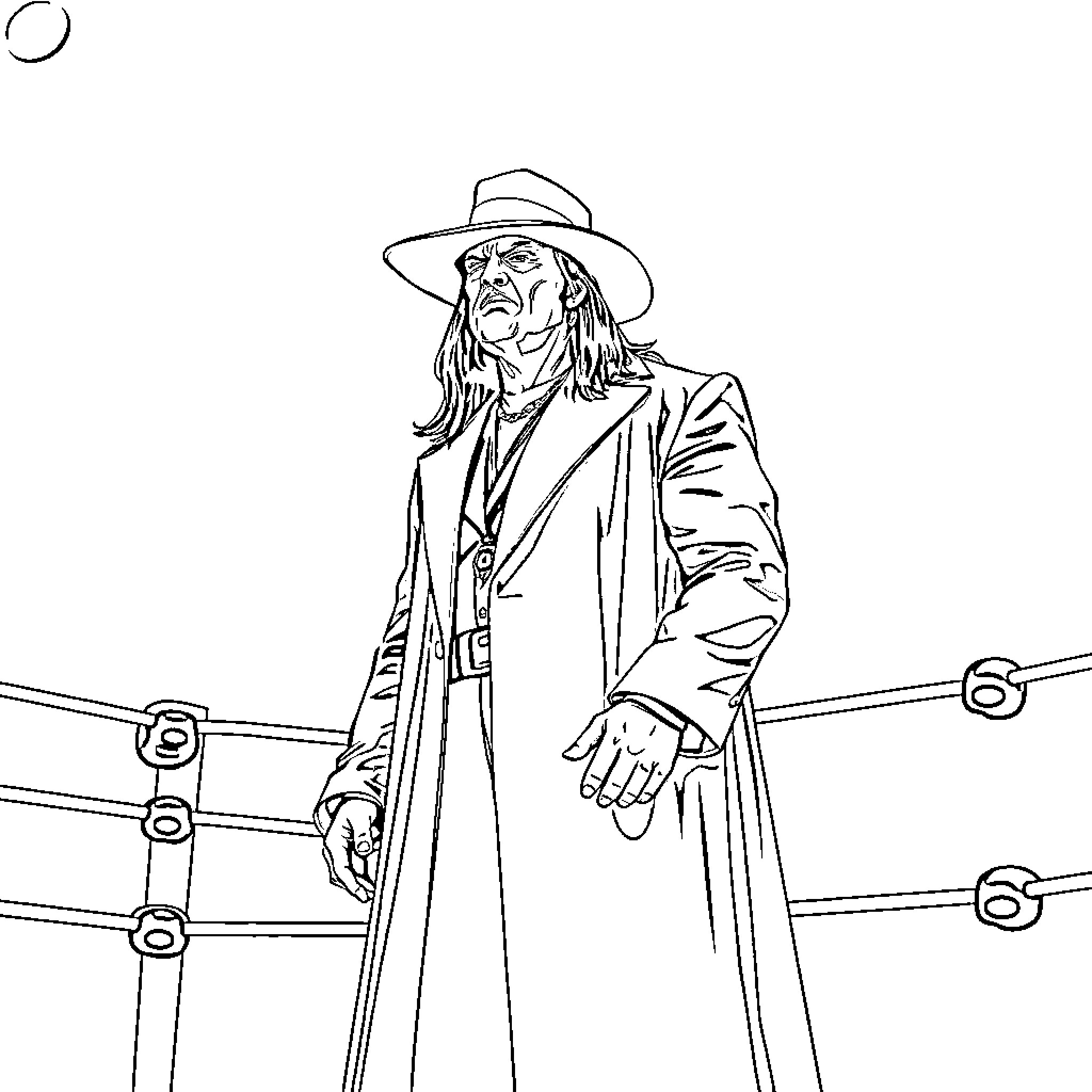 Undertaker at the Wrestling Ring Coloring Page (free black-and-white line drawing printable PDF for all, from beginners to advanced learners, including children, teens, adults, and seniors)
