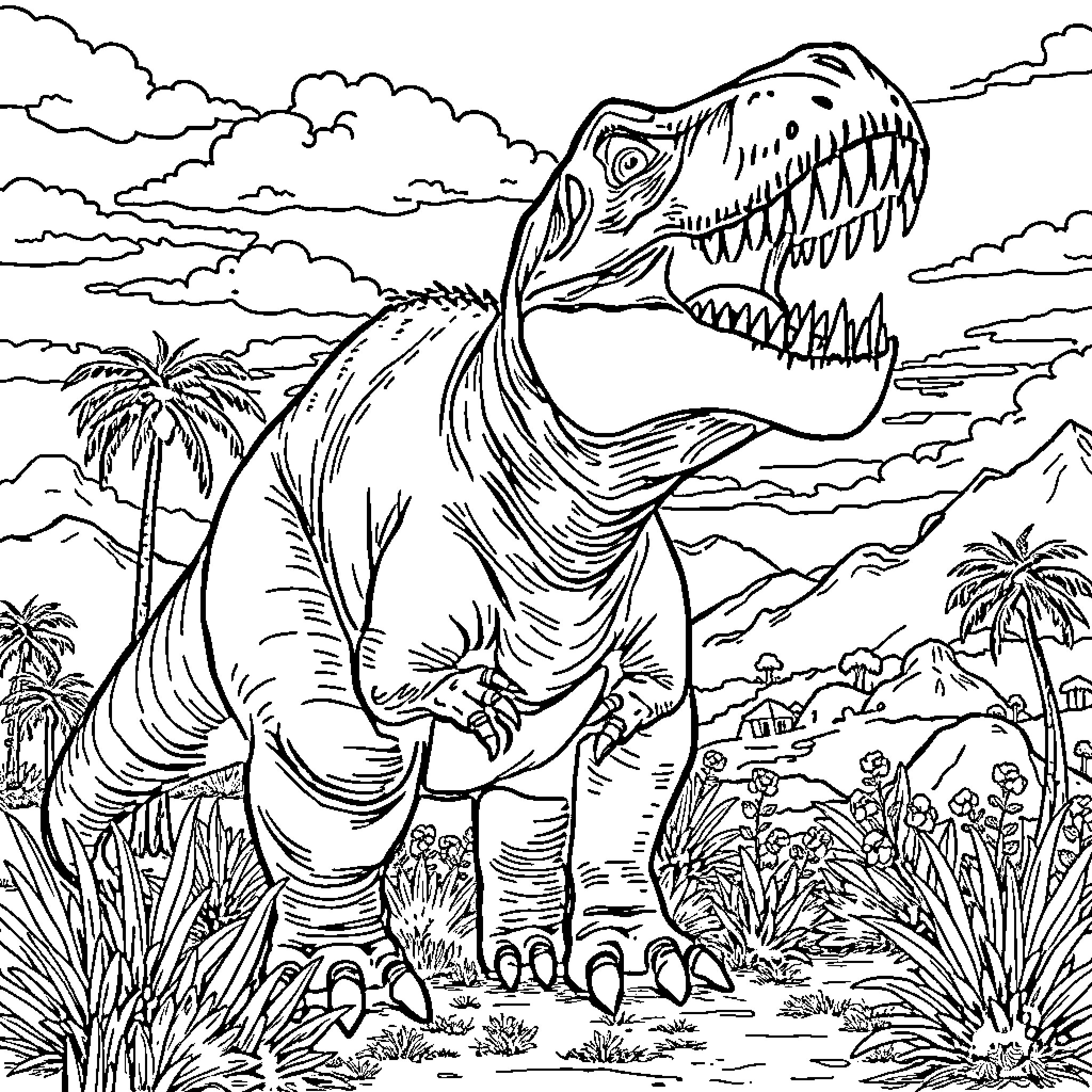Dinosaur roaming through prehistoric landscape Coloring Page (free black-and-white line drawing printable PDF for all, from beginners to advanced learners, including children, teens, adults, and seniors)
