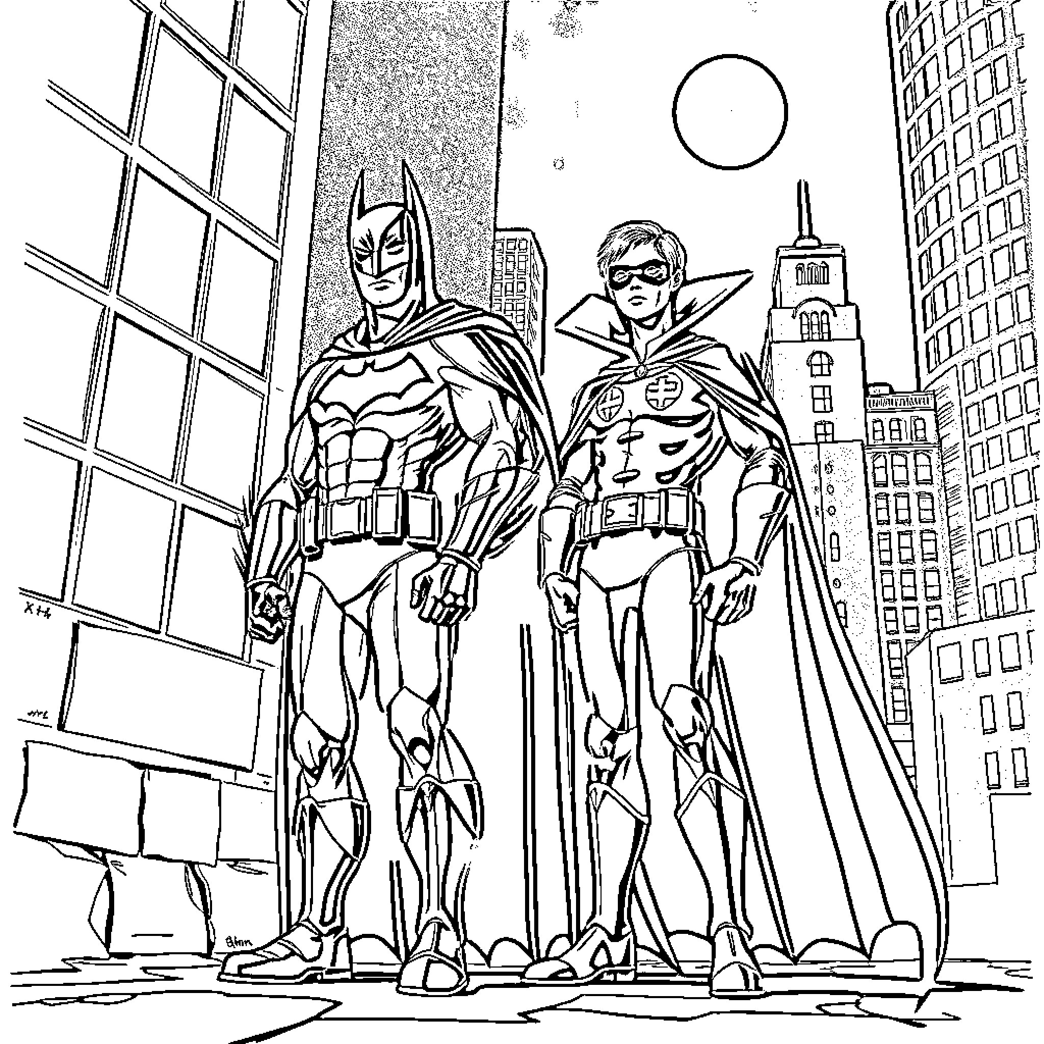Batman and Robin Heroic Duo in Action Coloring Page (free black-and-white line drawing printable PDF for all, from beginners to advanced learners, including children, teens, adults, and seniors)