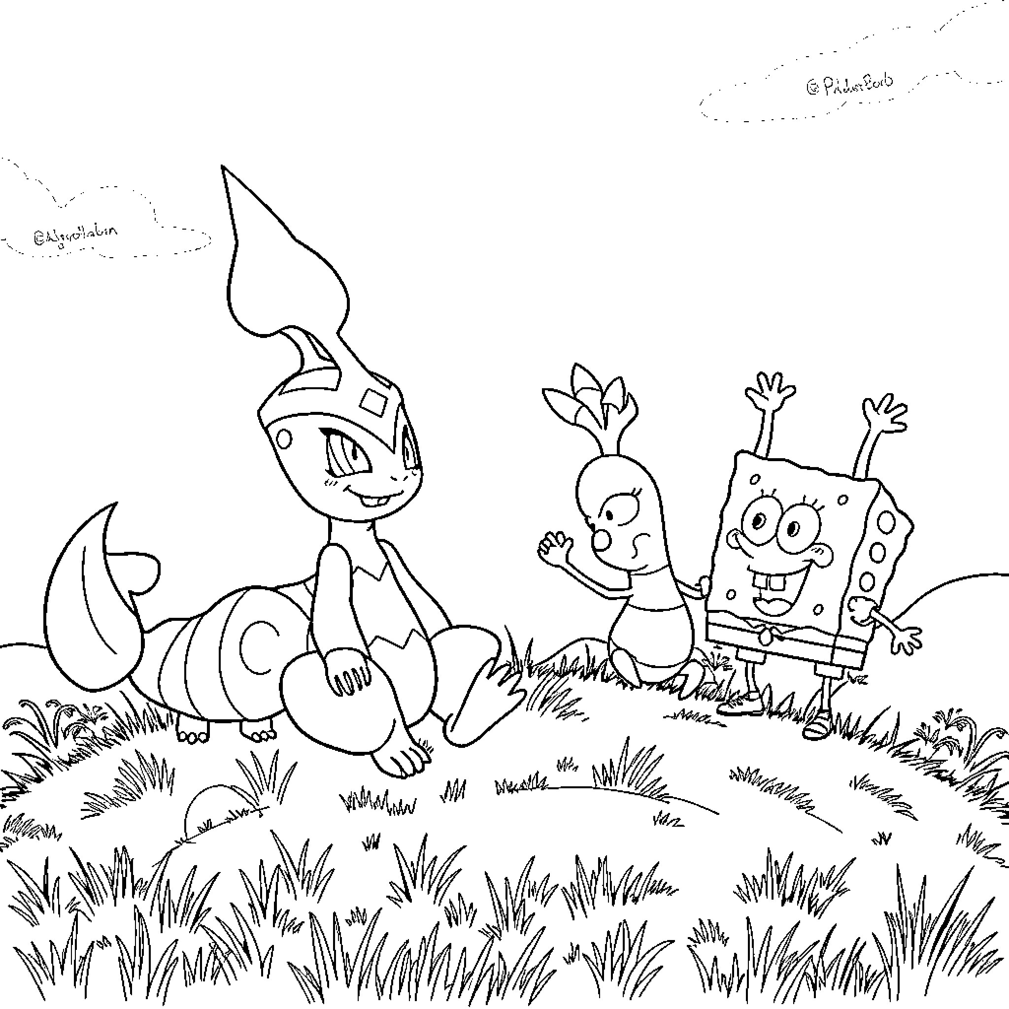 Meganium and friends exploring the outdoors Coloring Page (free black-and-white line drawing printable PDF for all, from beginners to advanced learners, including children, teens, adults, and seniors)