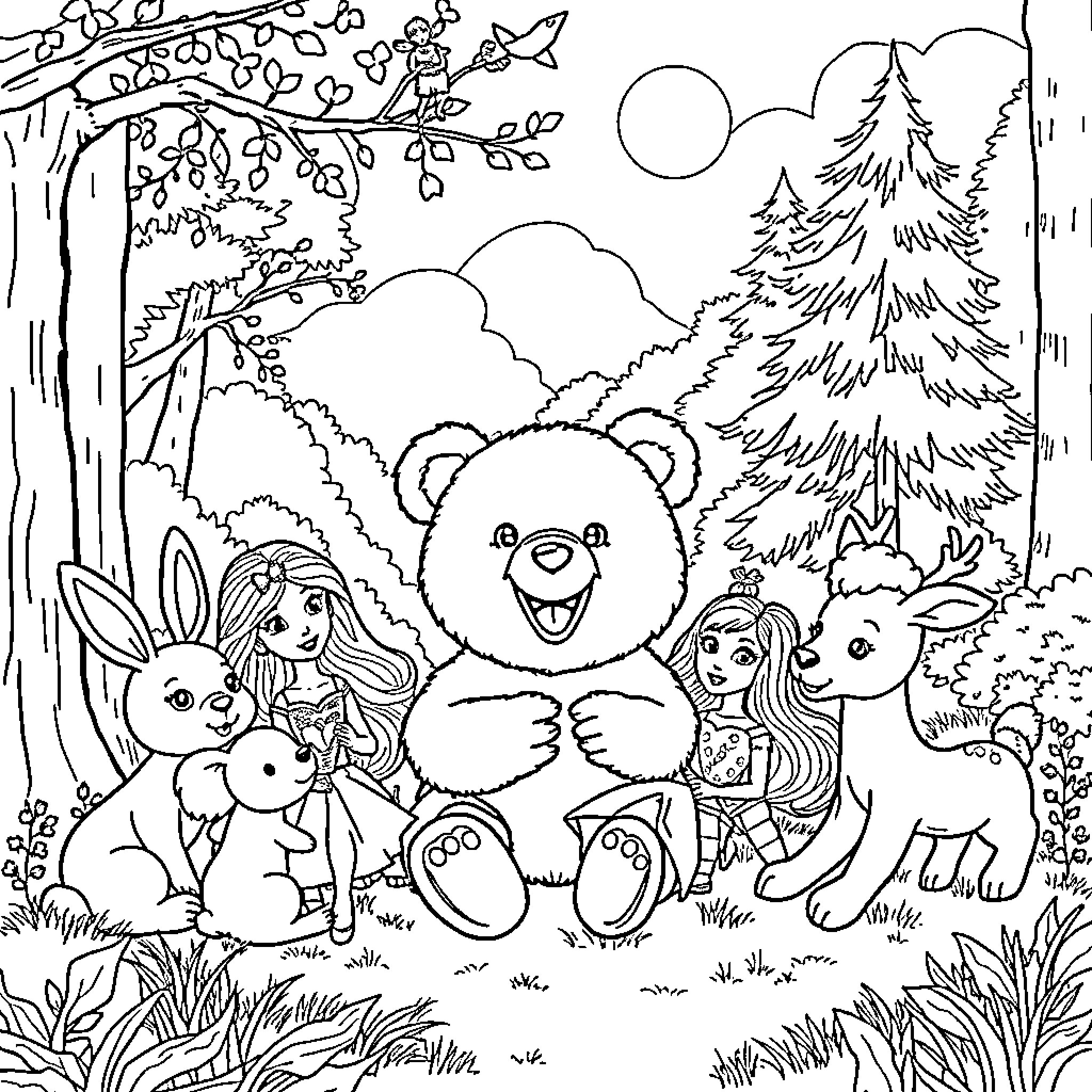 Bear and friends explore the enchanting forest Coloring Page (free black-and-white line drawing printable PDF for all, from beginners to advanced learners, including children, teens, adults, and seniors)