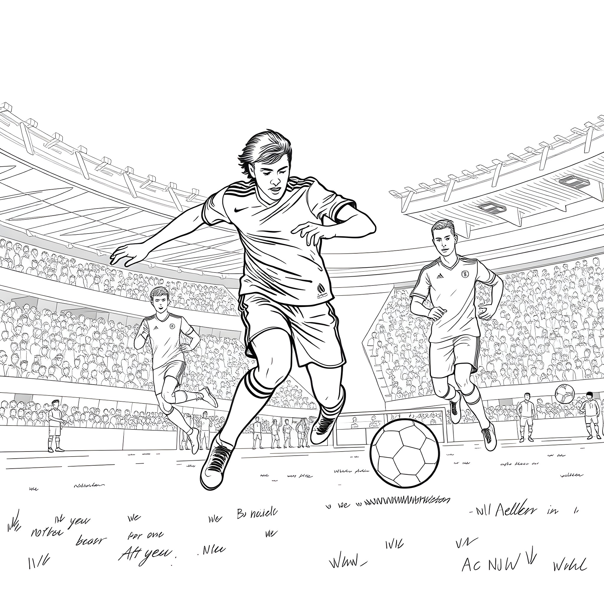 Cr7 soccer players in action on the field Coloring Page (free black-and-white line drawing printable PDF for all, from beginners to advanced learners, including children, teens, adults, and seniors)