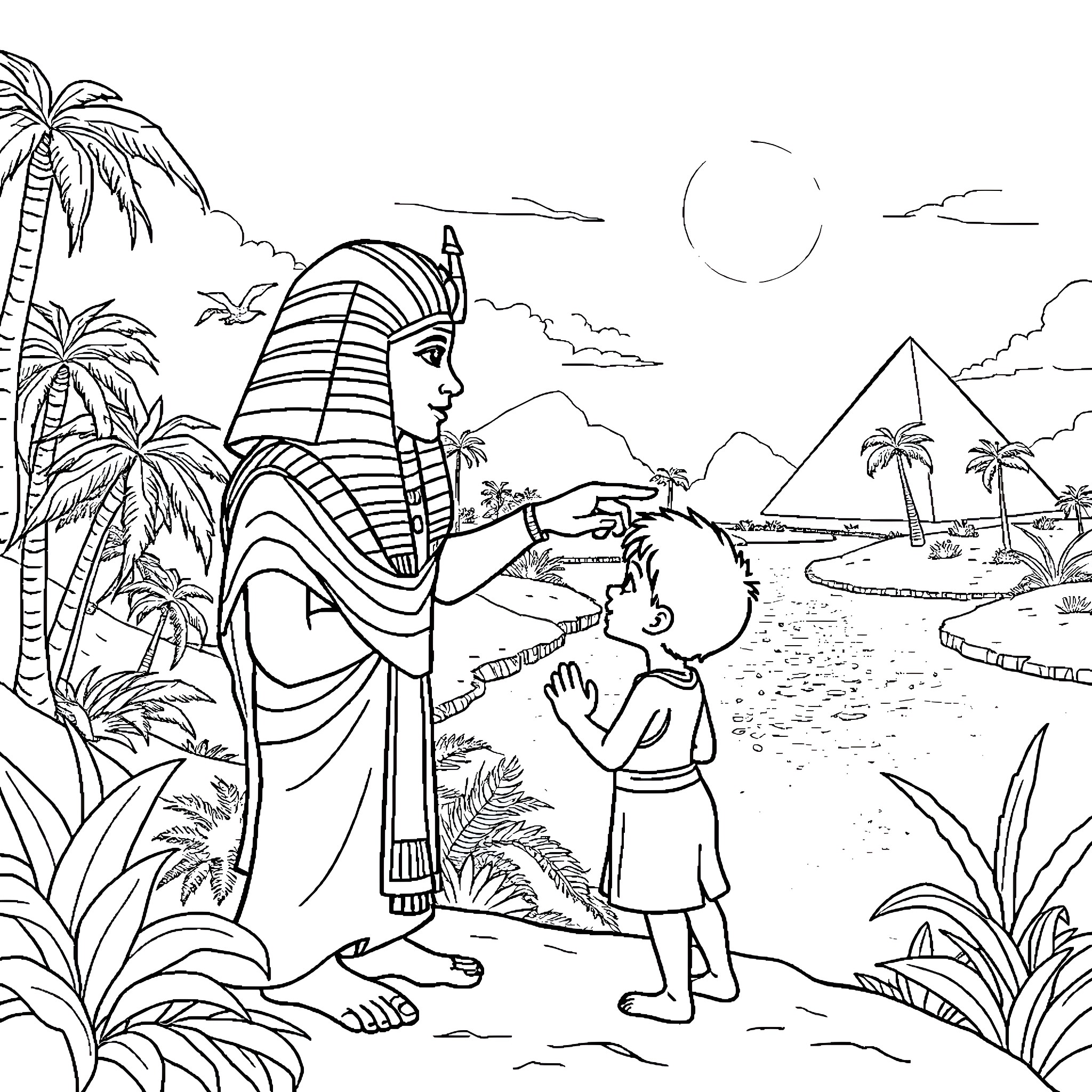Tut's Timeless Encounter: Pharaoh's Blessing Coloring Page (free black-and-white line drawing printable PDF for all, from beginners to advanced learners, including children, teens, adults, and seniors)