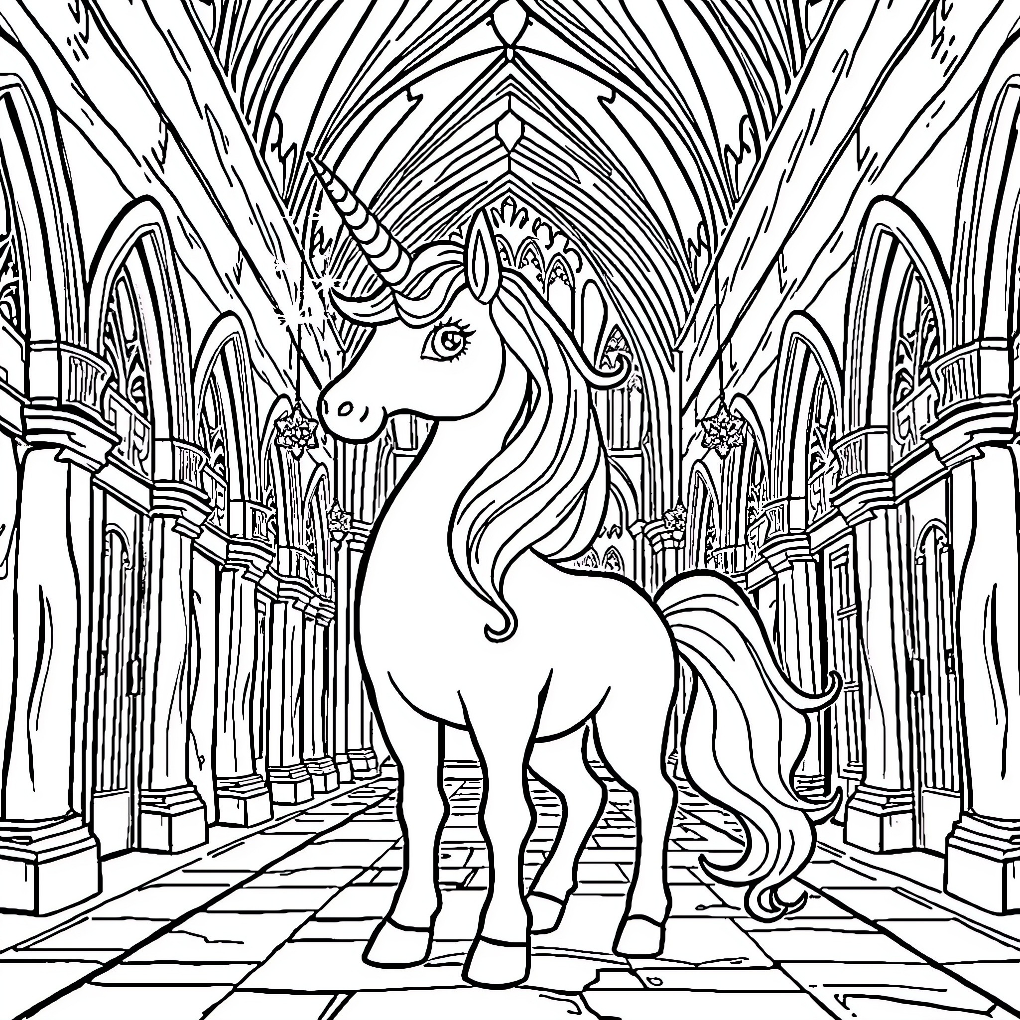 Unicorn in a Magical Castle Corridor Coloring Page (free black-and-white line drawing printable PDF for all, from beginners to advanced learners, including children, teens, adults, and seniors)