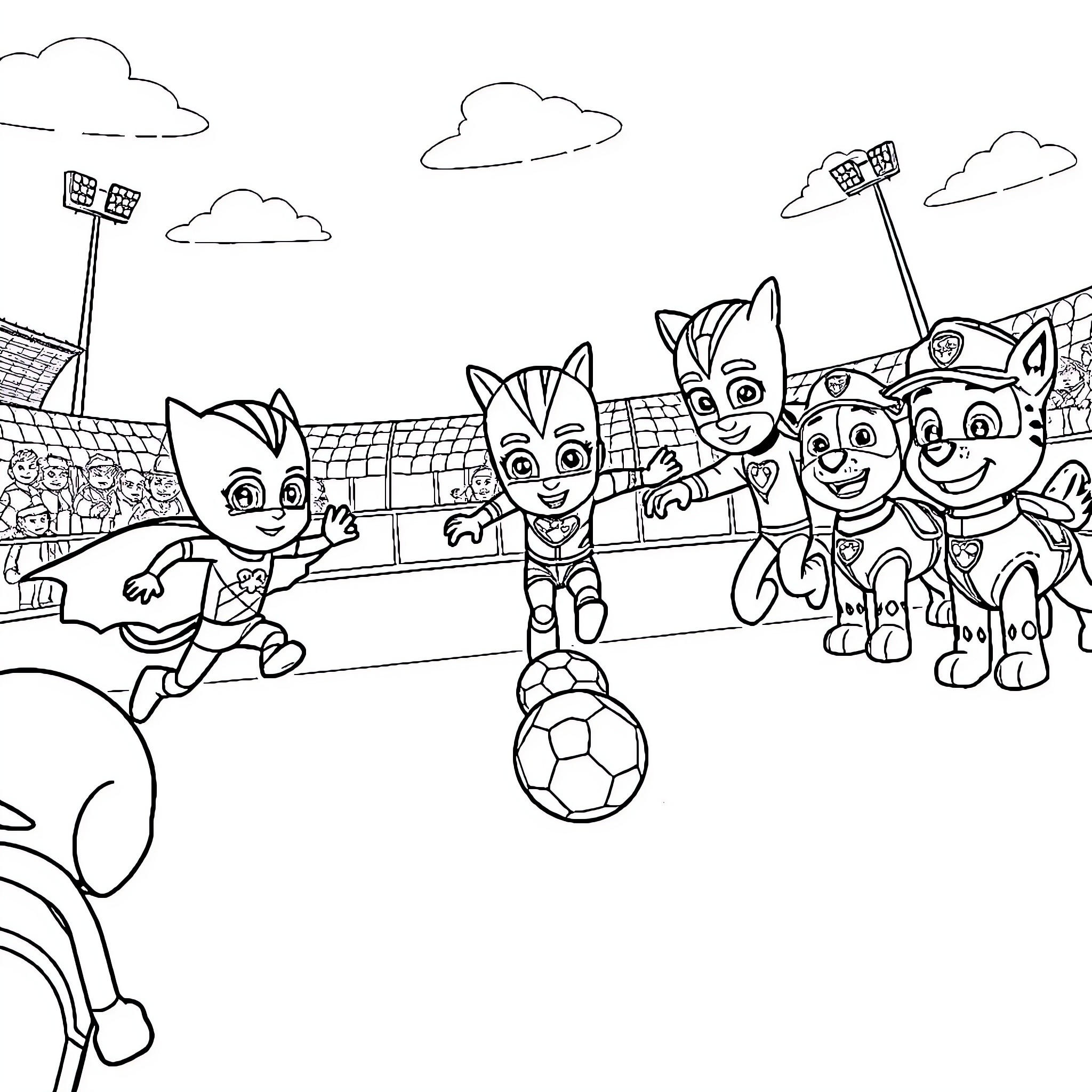 Pj Masks playing soccer in the stadium Coloring Page (free black-and-white line drawing printable PDF for all, from beginners to advanced learners, including children, teens, adults, and seniors)