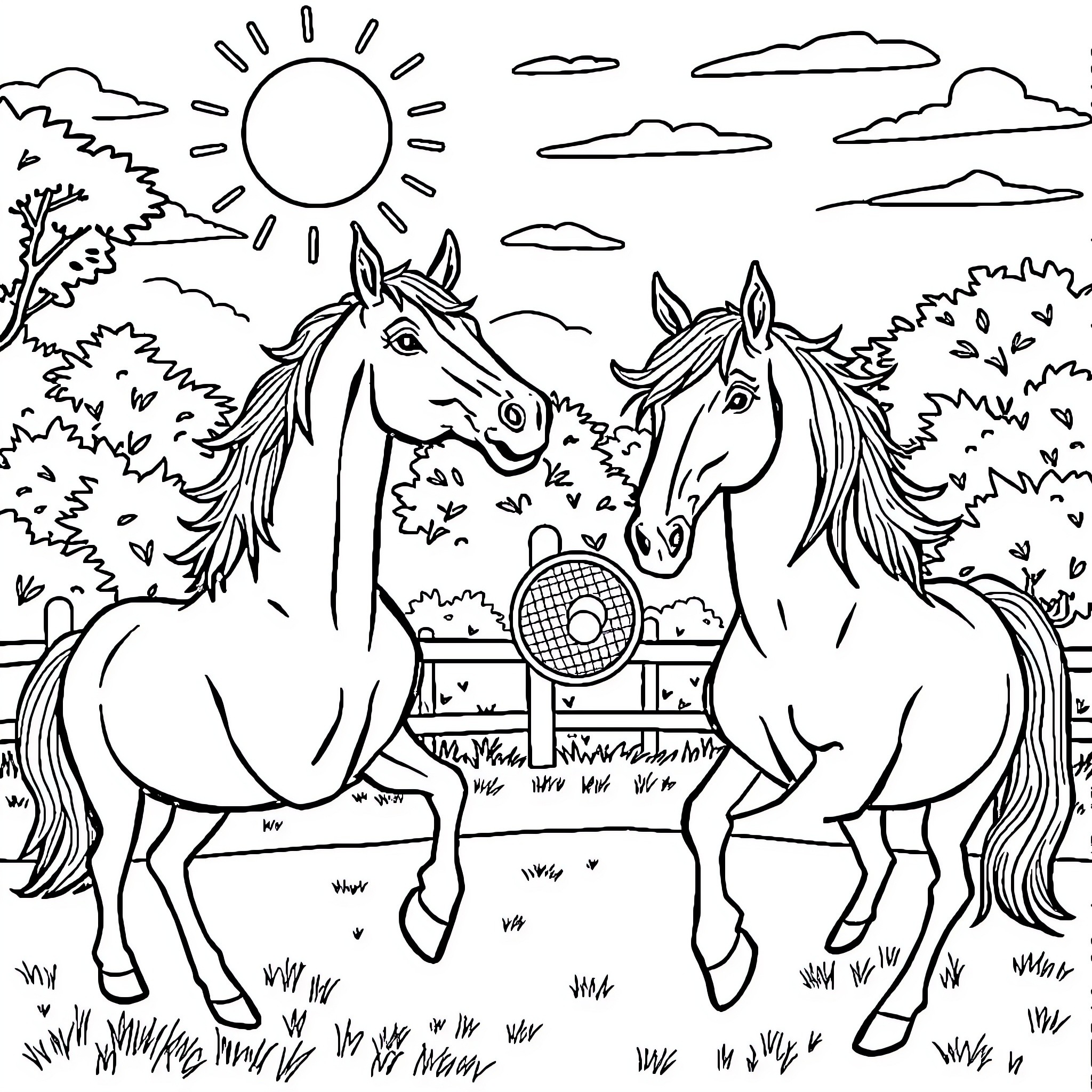 Horse pair exploring meadow under sunny sky Coloring Page (free black-and-white line drawing printable PDF for all, from beginners to advanced learners, including children, teens, adults, and seniors)