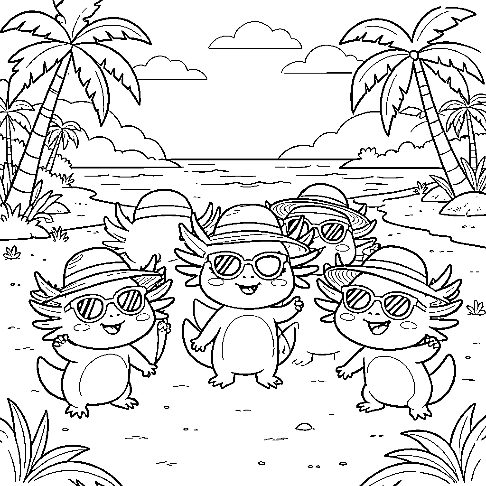 Axolotl friends enjoying beach vacation Coloring Page (free black-and-white line drawing printable PDF for all, from beginners to advanced learners, including children, teens, adults, and seniors)