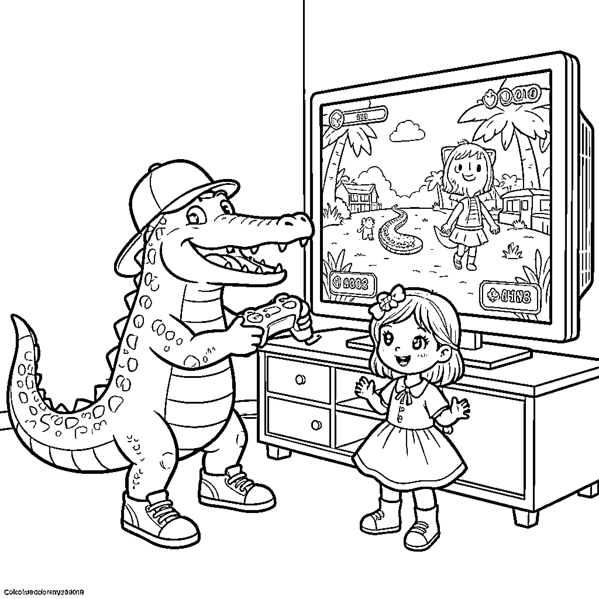 Crocodile playing video games with a little girl Coloring Page (free black-and-white line drawing printable PDF for all, from beginners to advanced learners, including children, teens, adults, and seniors)