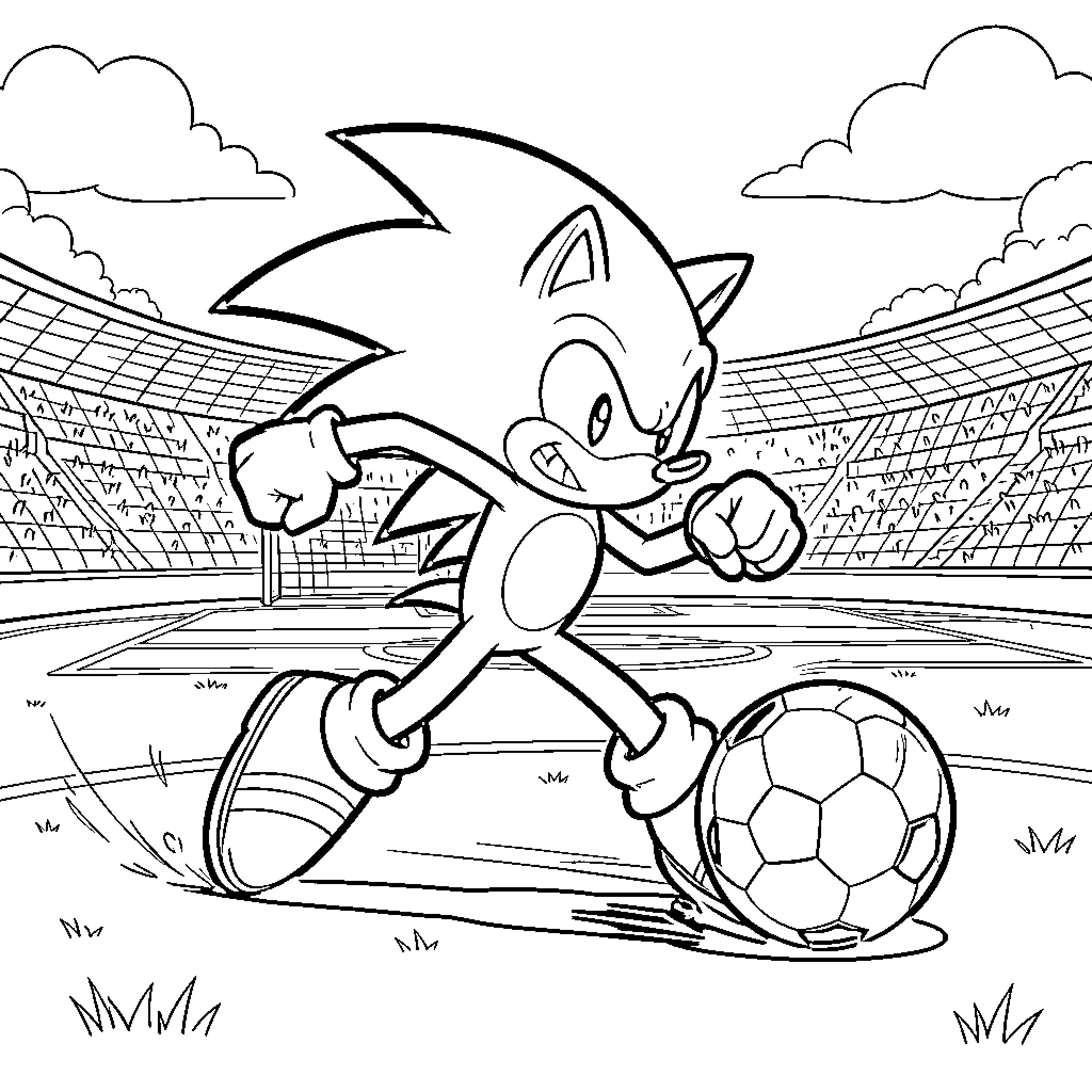 Sonic playing soccer in a stadium Coloring Page (free black-and-white line drawing printable PDF for all, from beginners to advanced learners, including children, teens, adults, and seniors)