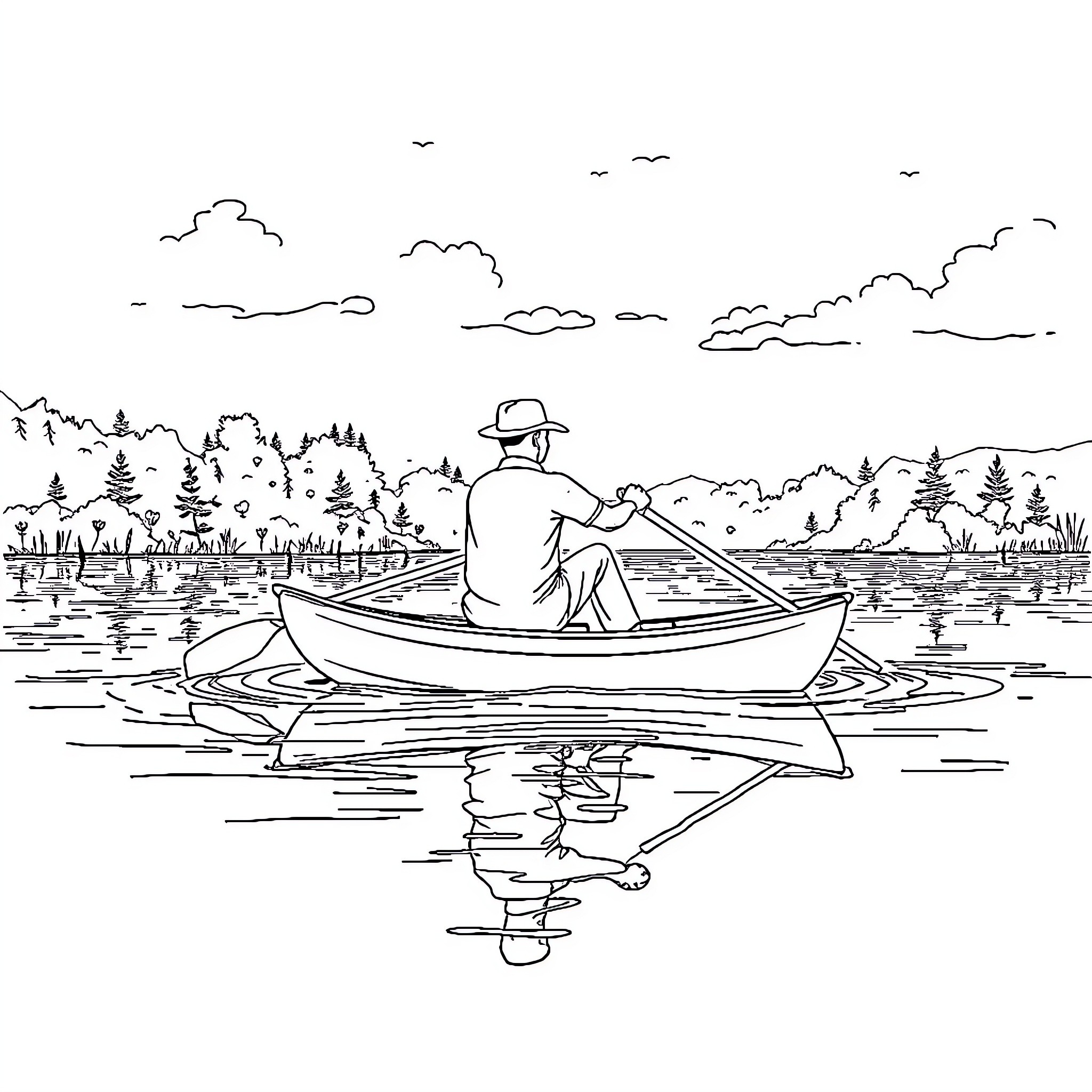 Waterman fishing serenely on the tranquil lake Coloring Page (free black-and-white line drawing printable PDF for all, from beginners to advanced learners, including children, teens, adults, and seniors)