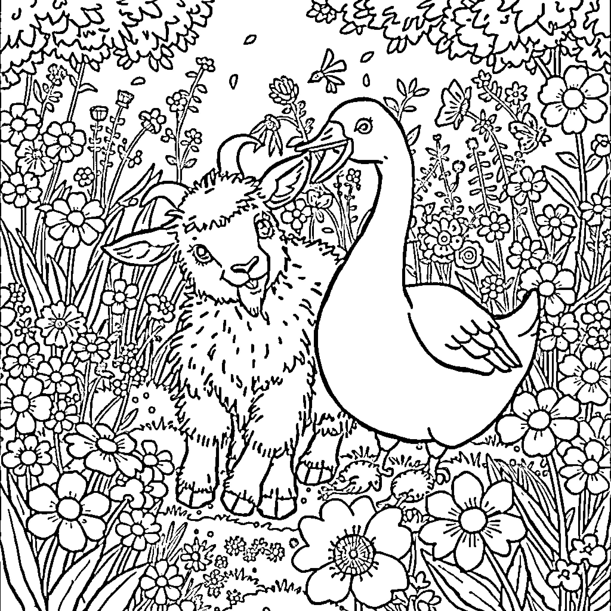 Goat grazing peacefully in a floral meadow Coloring Page (free black-and-white line drawing printable PDF for all, from beginners to advanced learners, including children, teens, adults, and seniors)
