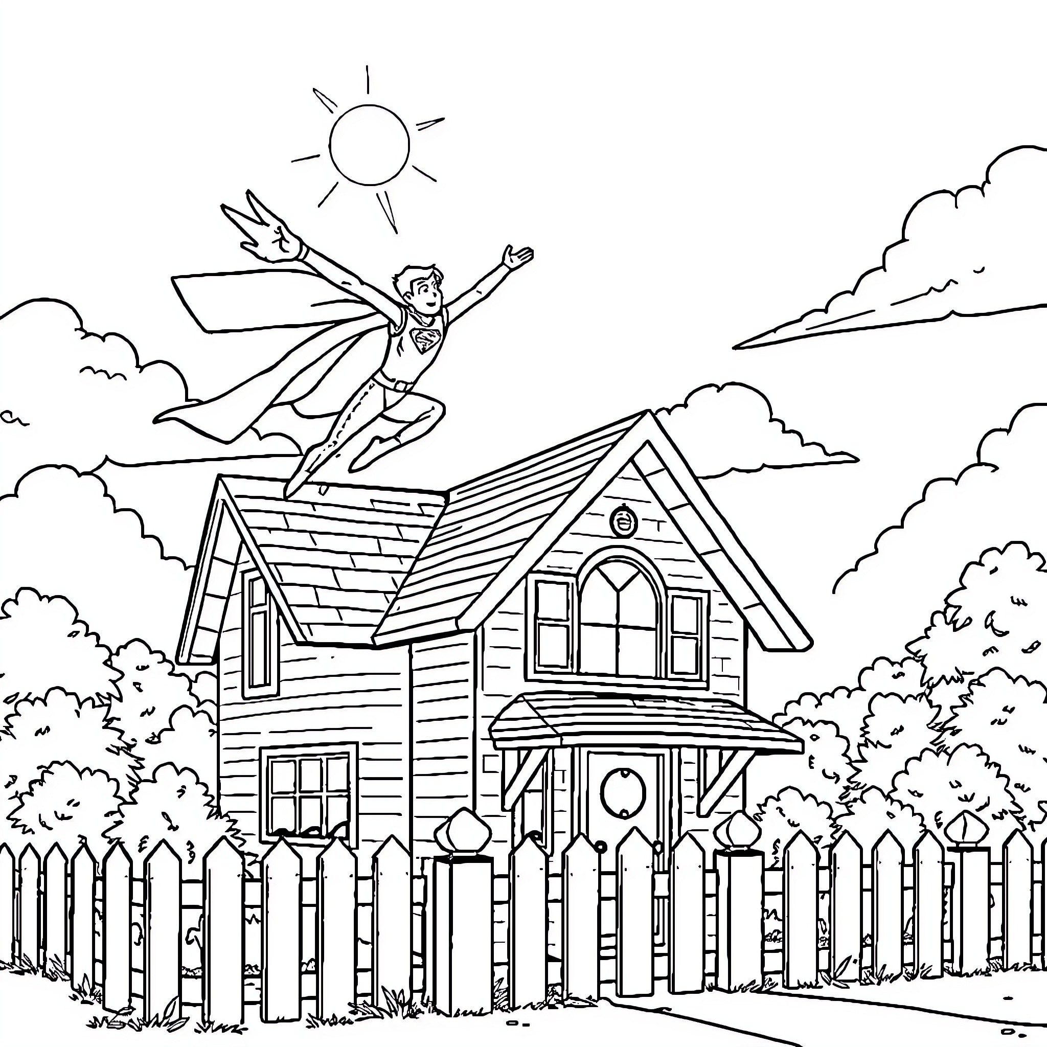 Superhero soaring above the quaint country house Coloring Page (free black-and-white line drawing printable PDF for all, from beginners to advanced learners, including children, teens, adults, and seniors)