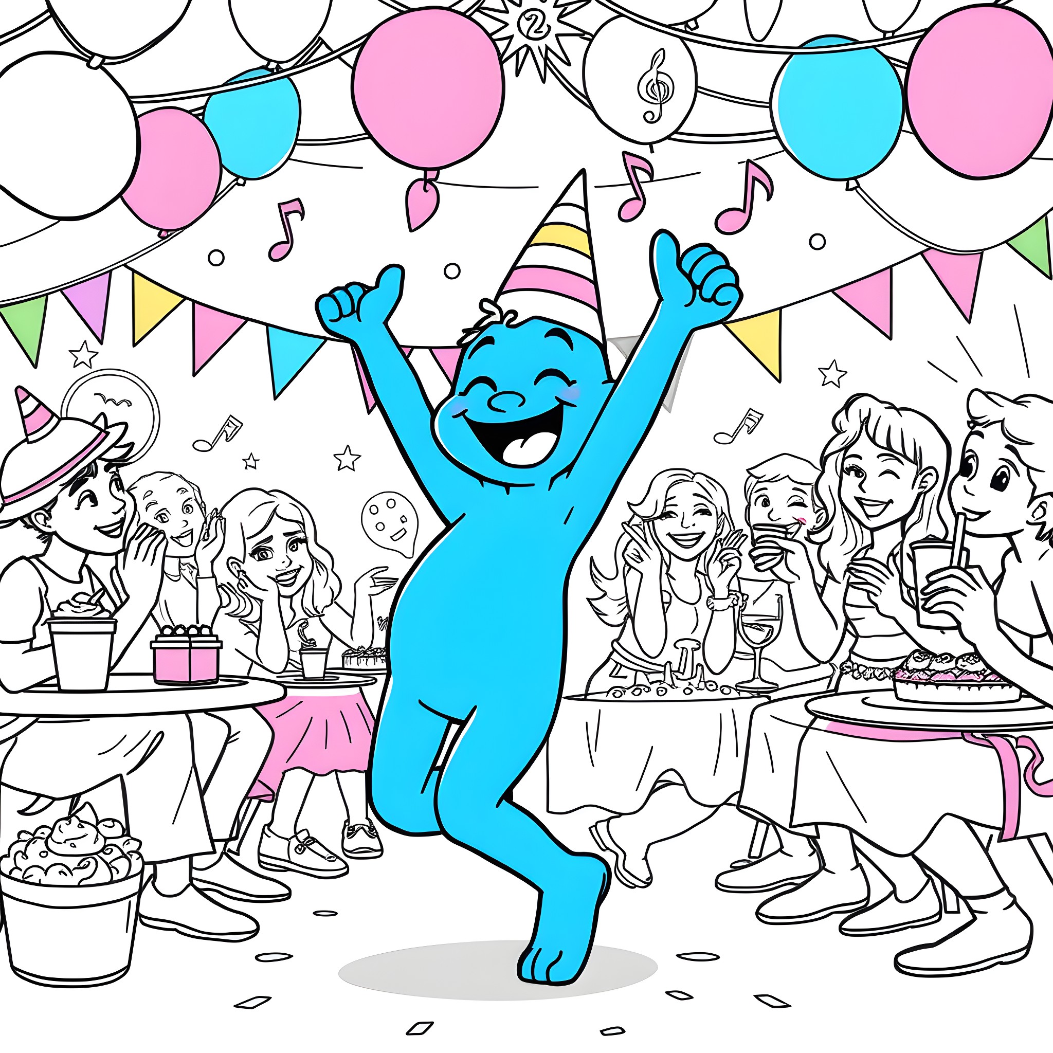 Bluey's Festive Celebration with Friends Coloring Page (free black-and-white line drawing printable PDF for all, from beginners to advanced learners, including children, teens, adults, and seniors)