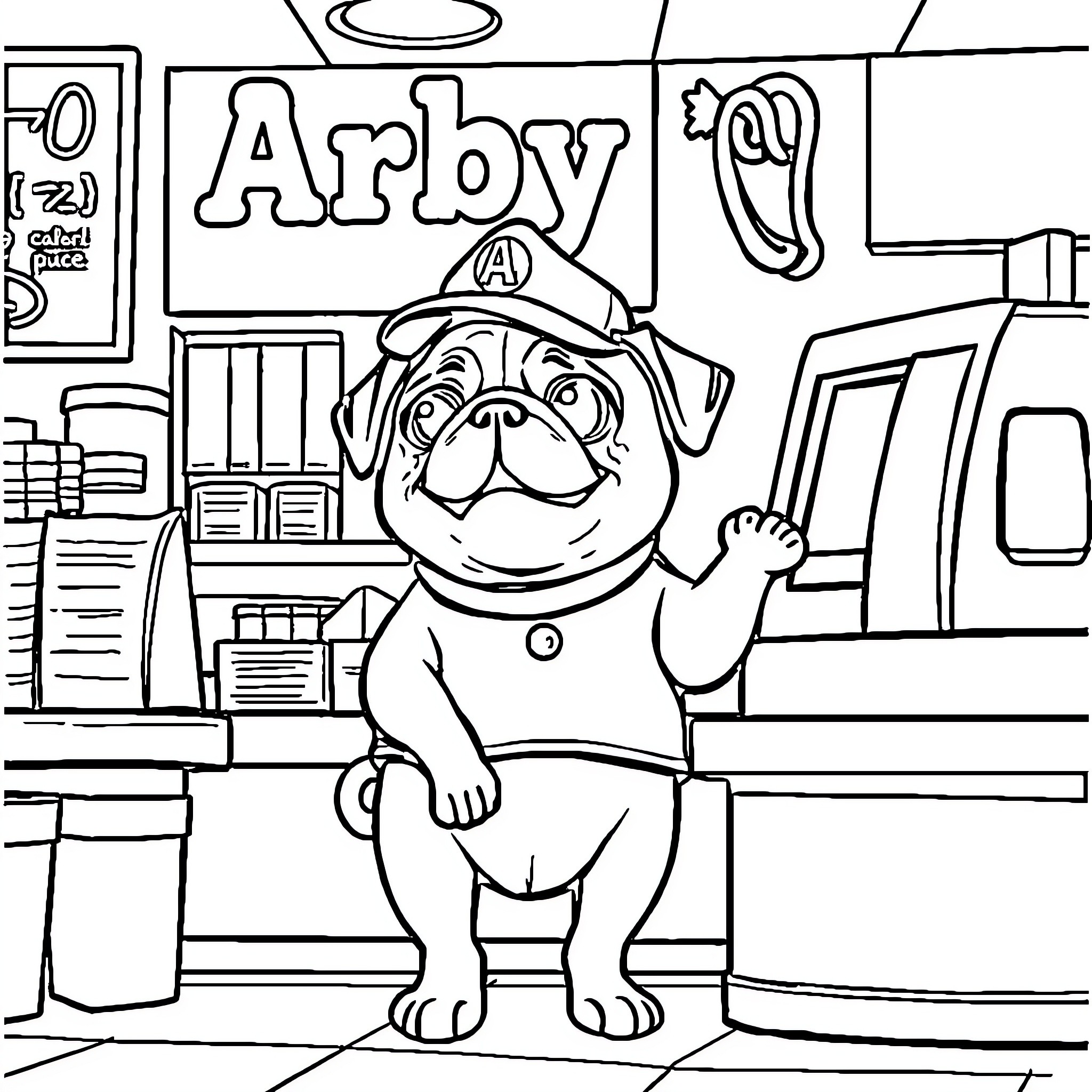 Pug in police uniform at the station Coloring Page (free black-and-white line drawing printable PDF for all, from beginners to advanced learners, including children, teens, adults, and seniors)