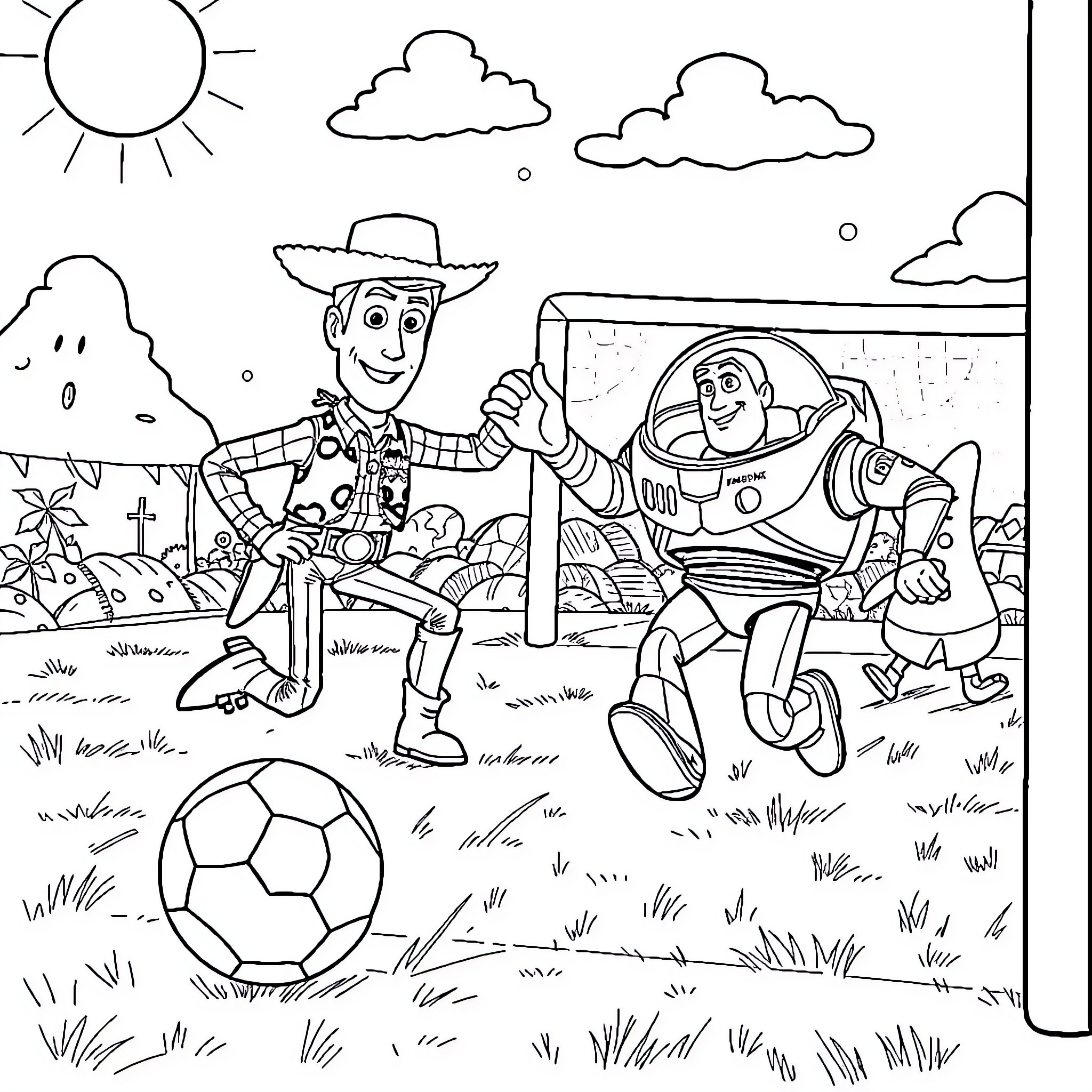 Woody and Buzz playing with a soccer ball Coloring Page (free black-and-white line drawing printable PDF for all, from beginners to advanced learners, including children, teens, adults, and seniors)