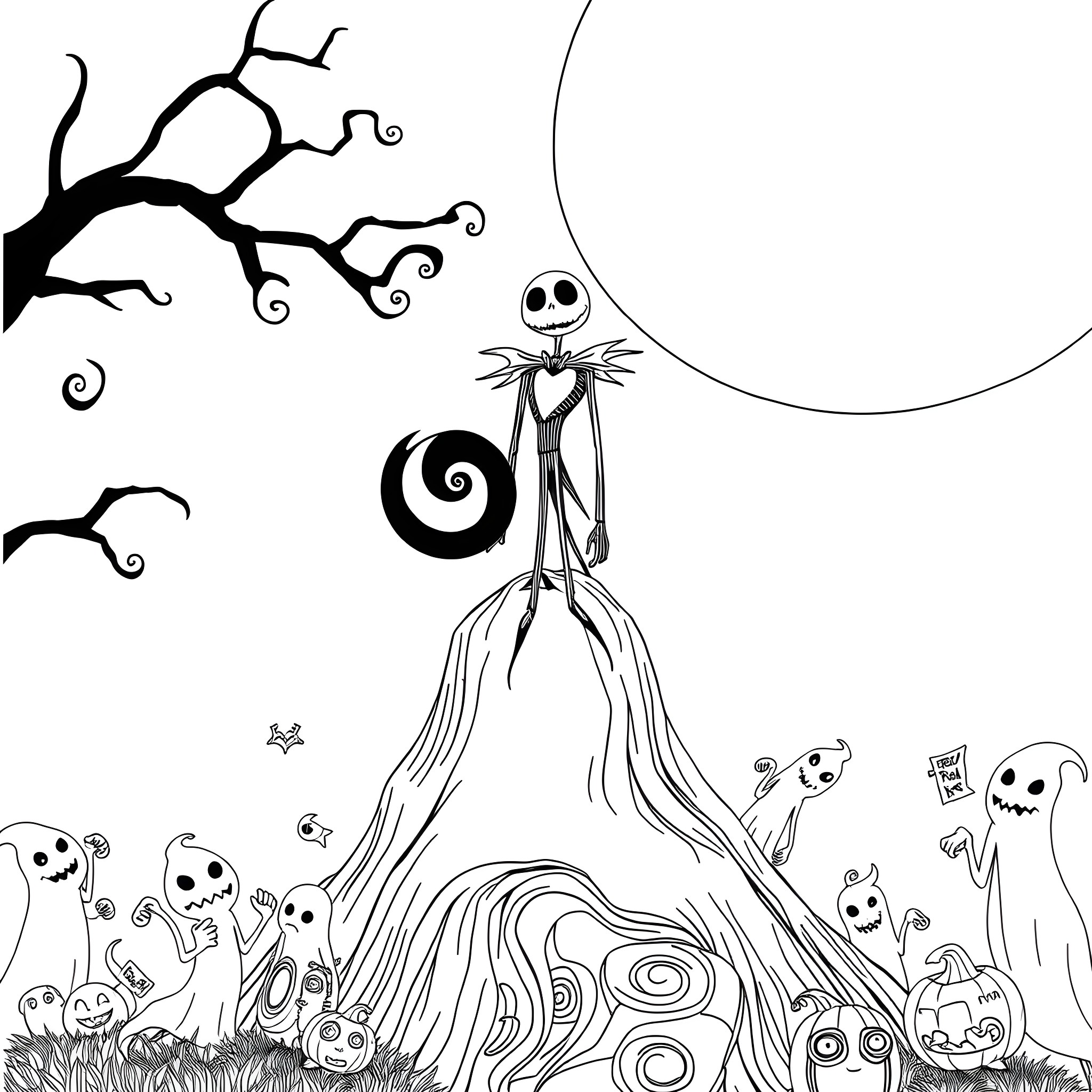 Nightmare Before Christmas: Whimsical Spirits Gather Under the Moonlight Coloring Page (free black-and-white line drawing printable PDF for all, from beginners to advanced learners, including children, teens, adults, and seniors)