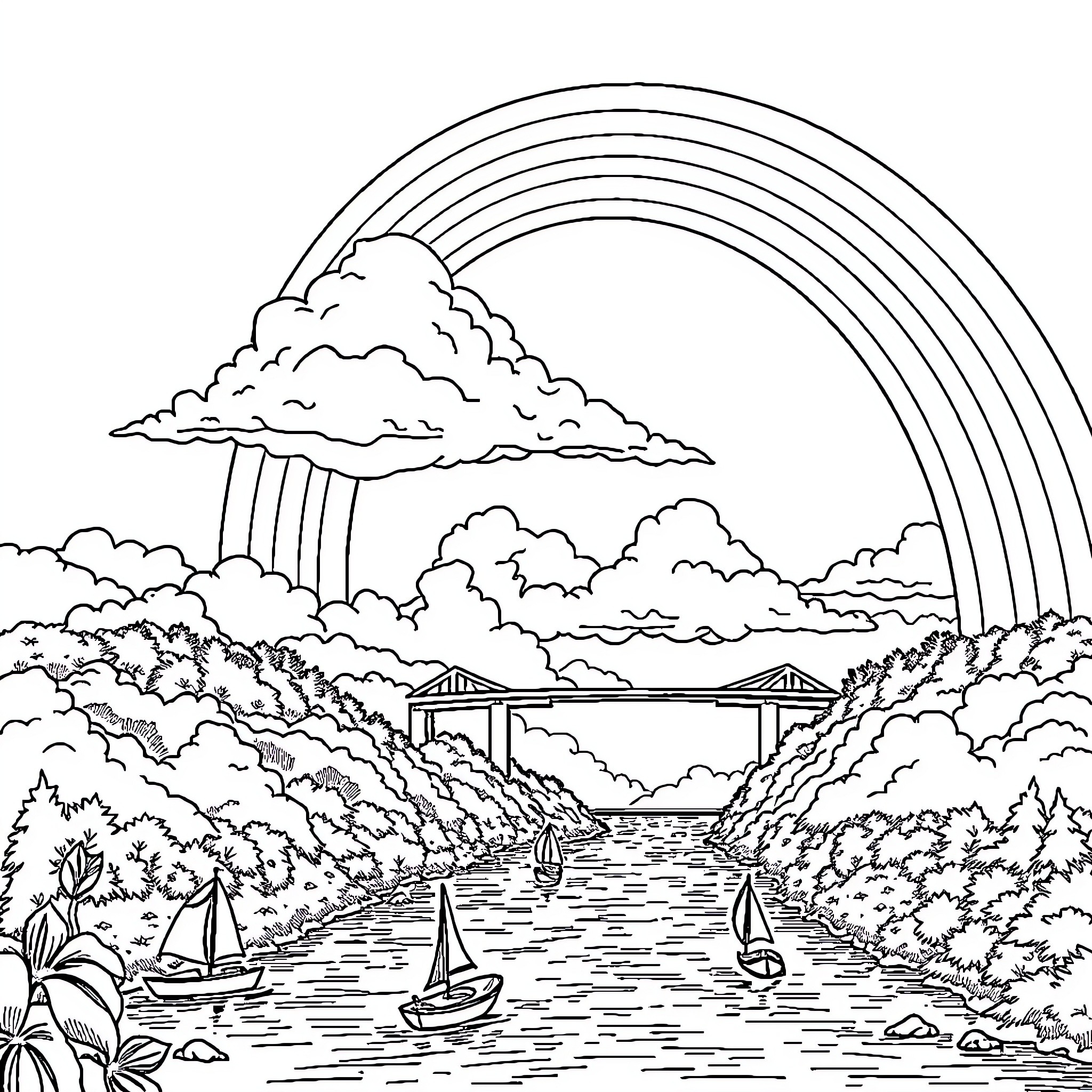 Cloud landscape with rainbow and sailboats Coloring Page (free black-and-white line drawing printable PDF for all, from beginners to advanced learners, including children, teens, adults, and seniors)