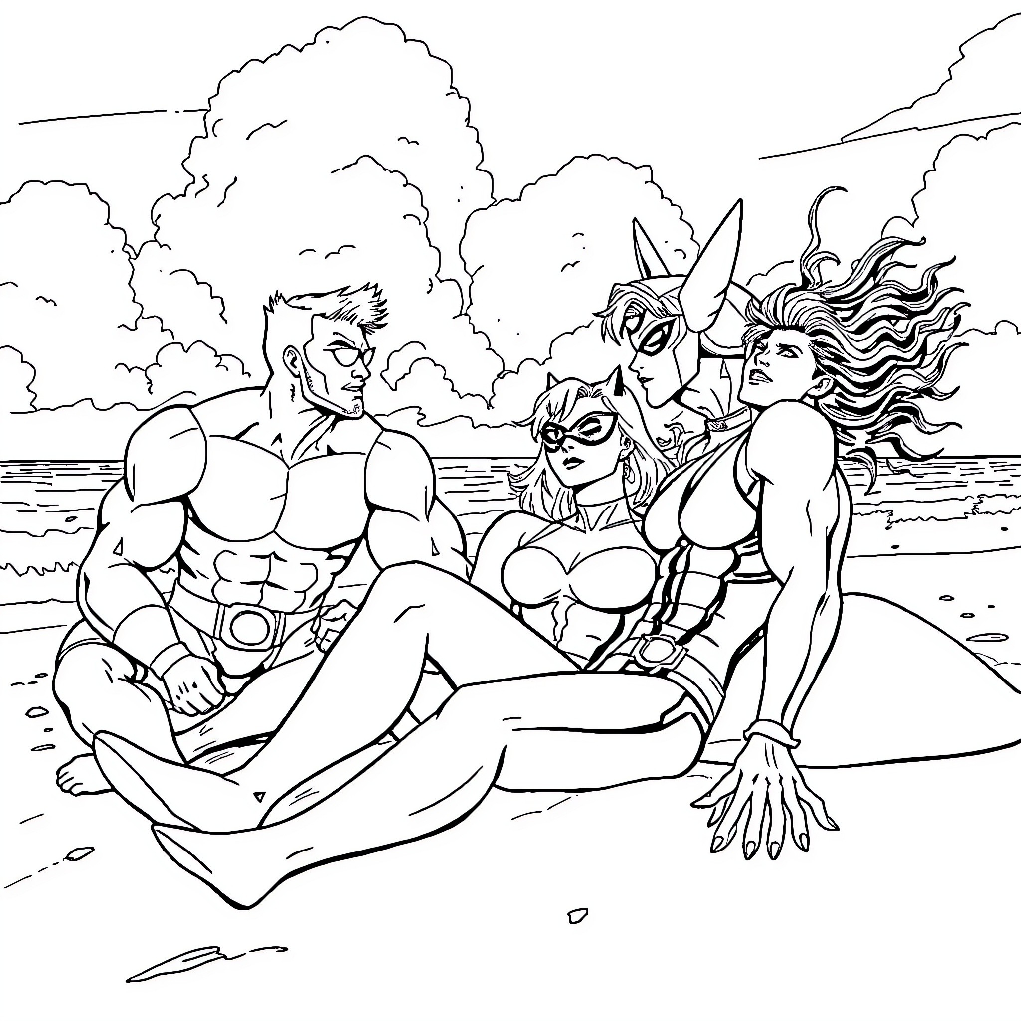 X-Men Enjoying Beachside Relaxation Coloring Page (free black-and-white line drawing printable PDF for all, from beginners to advanced learners, including children, teens, adults, and seniors)