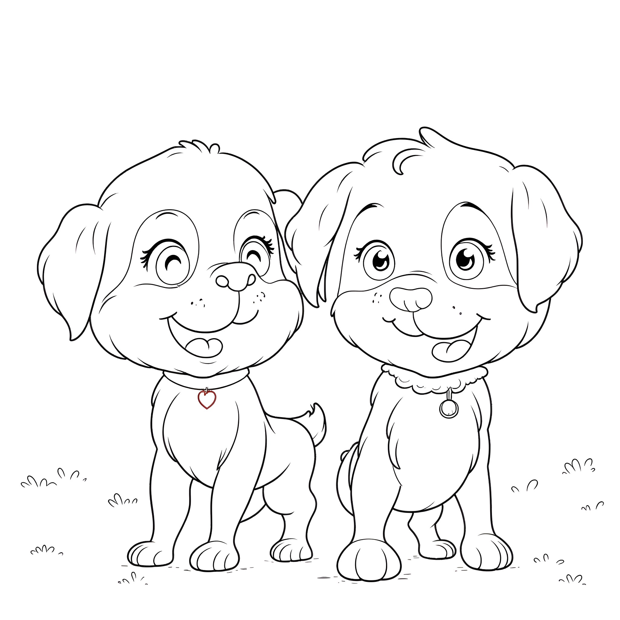 Bluey and Bingo playing happily together Coloring Page (free black-and-white line drawing printable PDF for all, from beginners to advanced learners, including children, teens, adults, and seniors)