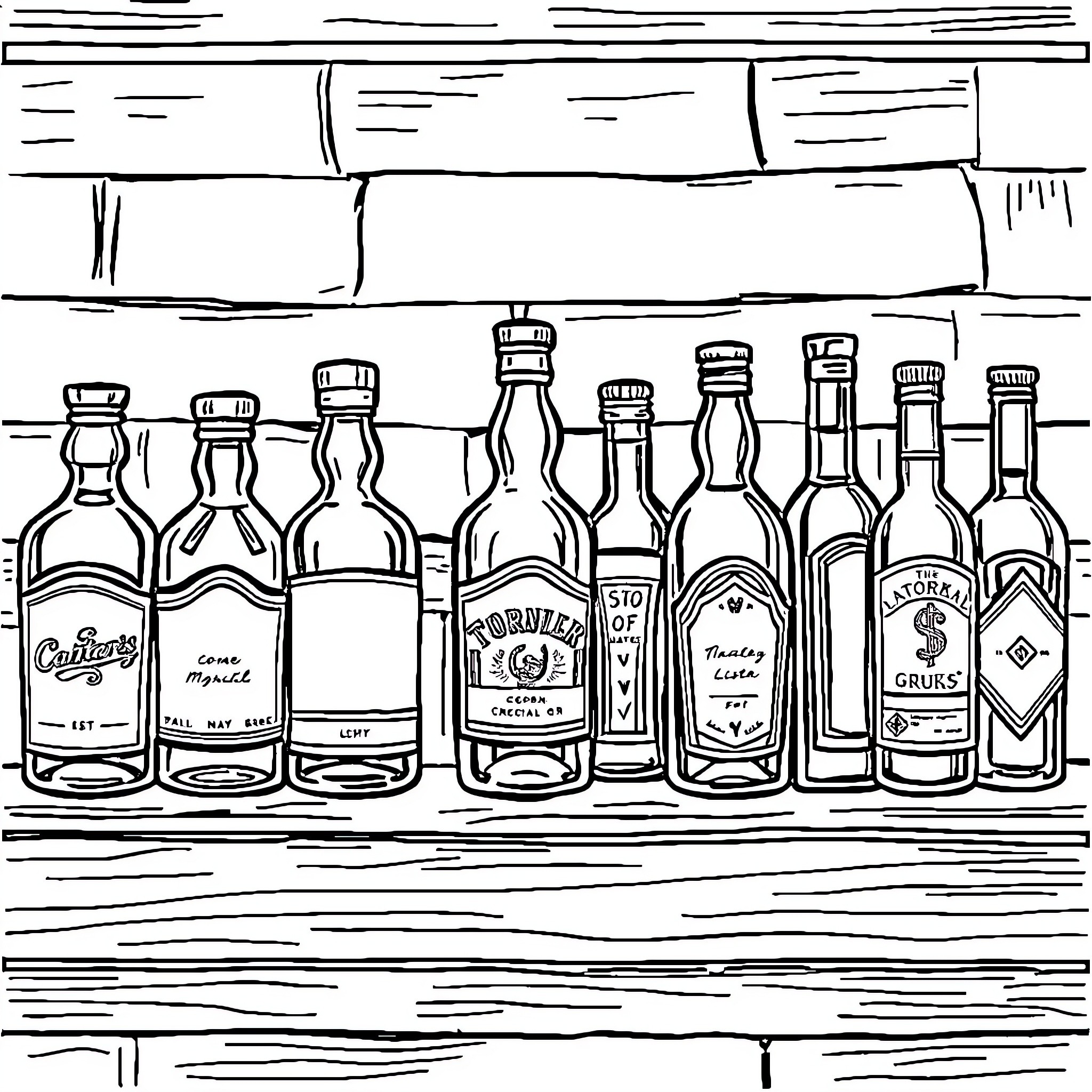 Liquor Bottles Arranged on Wooden Shelves Coloring Page (free black-and-white line drawing printable PDF for all, from beginners to advanced learners, including children, teens, adults, and seniors)