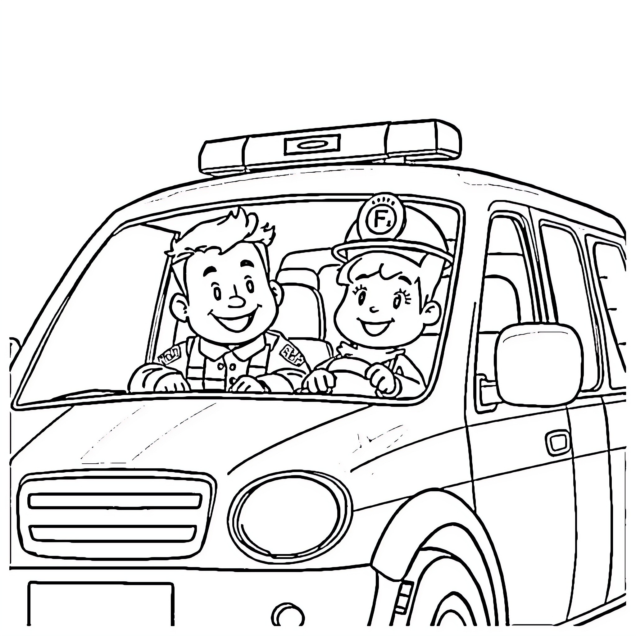 Feuerwehrauto with two friendly firefighters inside Coloring Page (free black-and-white line drawing printable PDF for all, from beginners to advanced learners, including children, teens, adults, and seniors)
