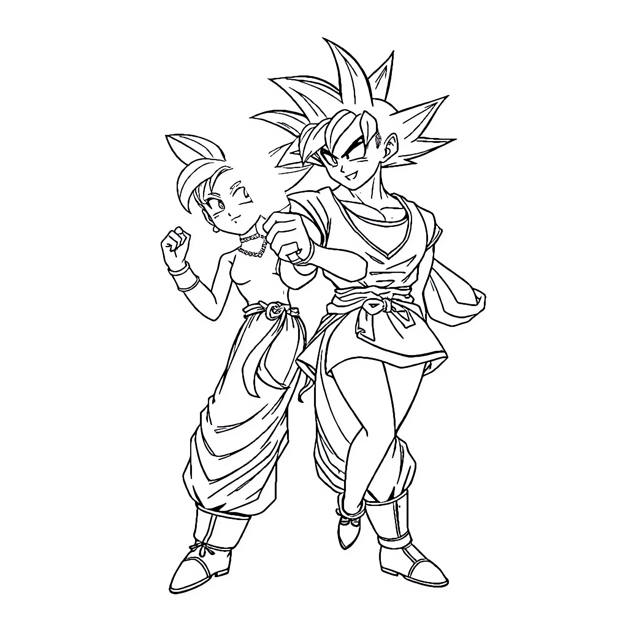 Goku engaging in dynamic martial arts pose Coloring Page (free black-and-white line drawing printable PDF for all, from beginners to advanced learners, including children, teens, adults, and seniors)