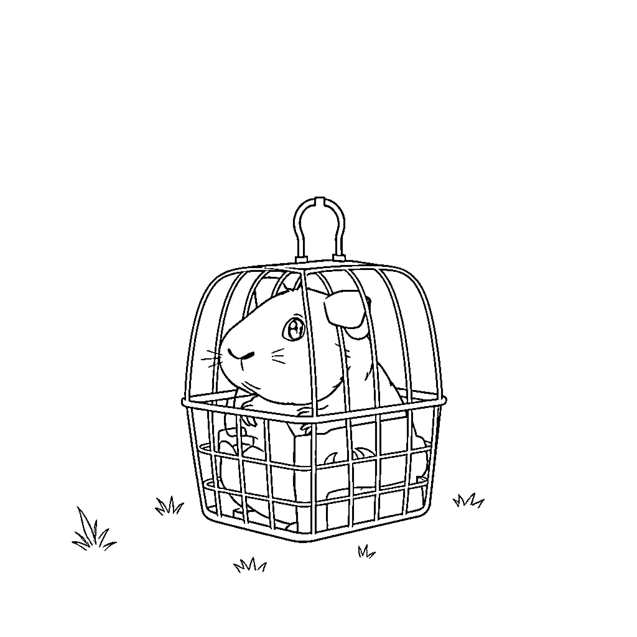 Guinea Pig trapped in a birdcage Coloring Page (free black-and-white line drawing printable PDF for all, from beginners to advanced learners, including children, teens, adults, and seniors)