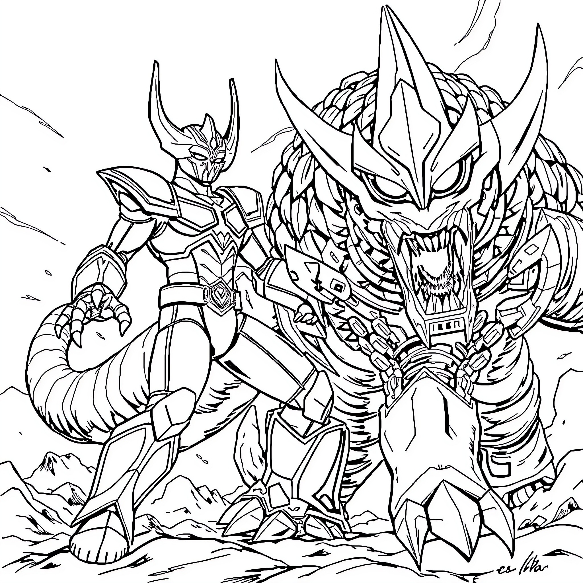 Ultraman battles a monstrous foe in epic encounter Coloring Page (free black-and-white line drawing printable PDF for all, from beginners to advanced learners, including children, teens, adults, and seniors)