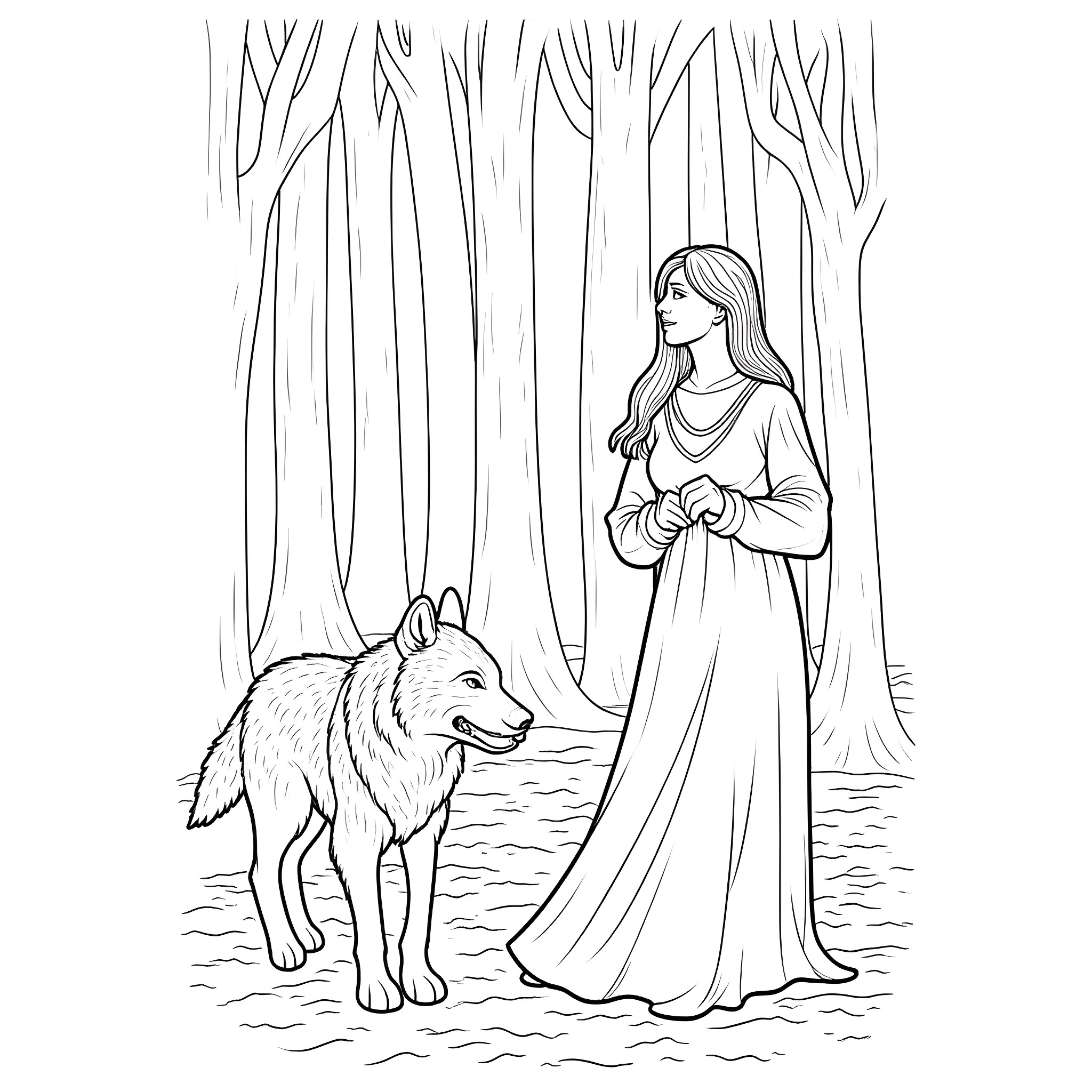 Woman in a forest with a wolf Coloring Page (free black-and-white line drawing printable PDF for all, from beginners to advanced learners, including children, teens, adults, and seniors)