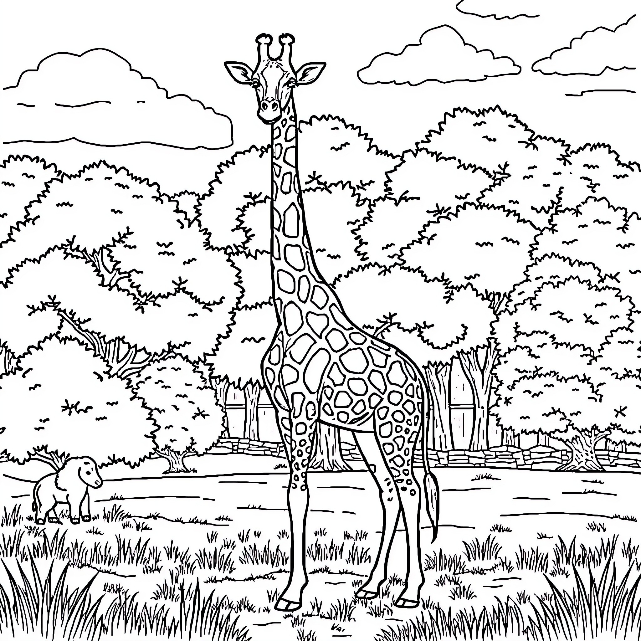 Giraffe standing tall in the lush savanna Coloring Page (free black-and-white line drawing printable PDF for all, from beginners to advanced learners, including children, teens, adults, and seniors)