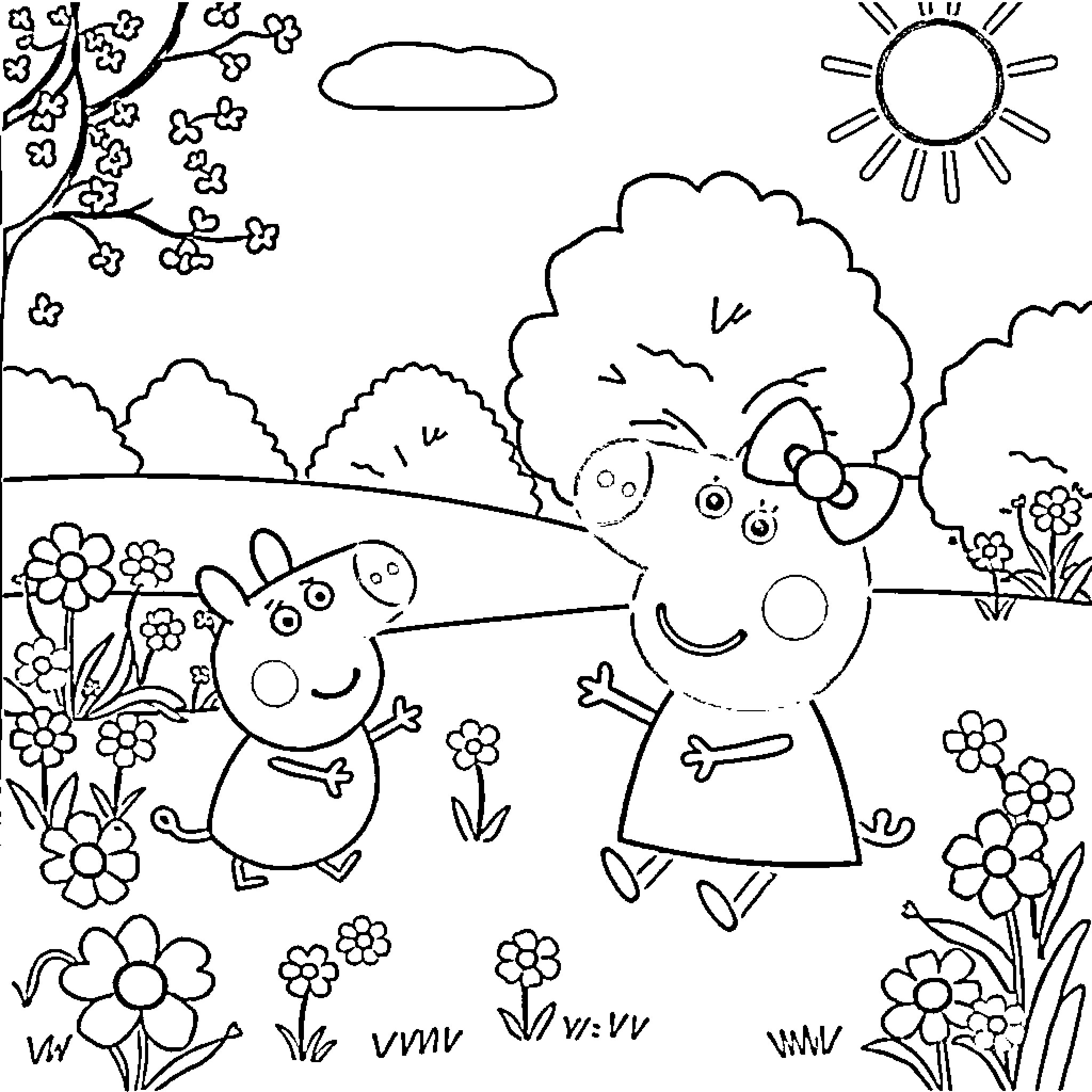 Pepa Pig friends playing happily in the spring garden Coloring Page (free black-and-white line drawing printable PDF for all, from beginners to advanced learners, including children, teens, adults, and seniors)