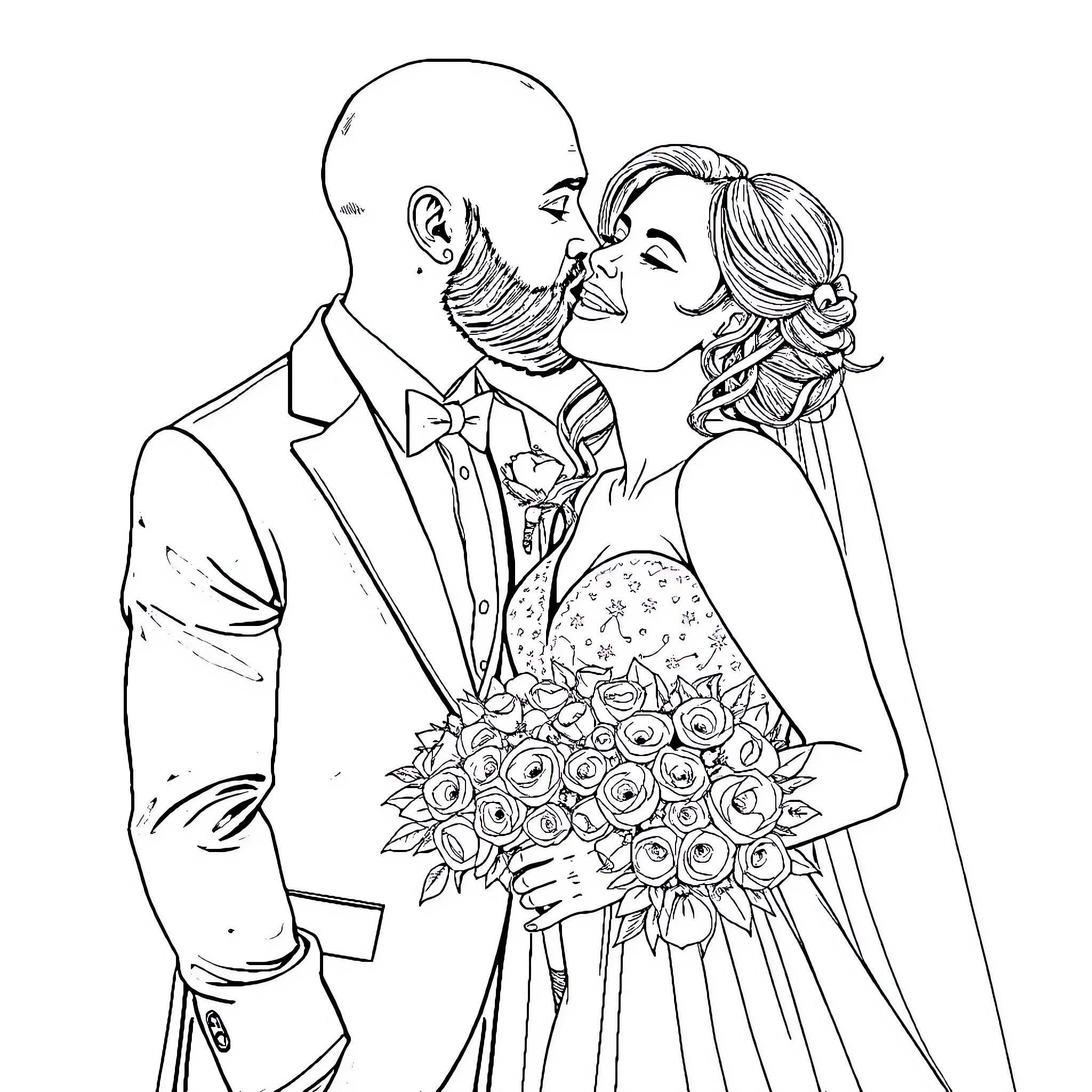 Bride and Groom's Affectionate Embrace on Their Wedding Day Coloring Page (free black-and-white line drawing printable PDF for all, from beginners to advanced learners, including children, teens, adults, and seniors)