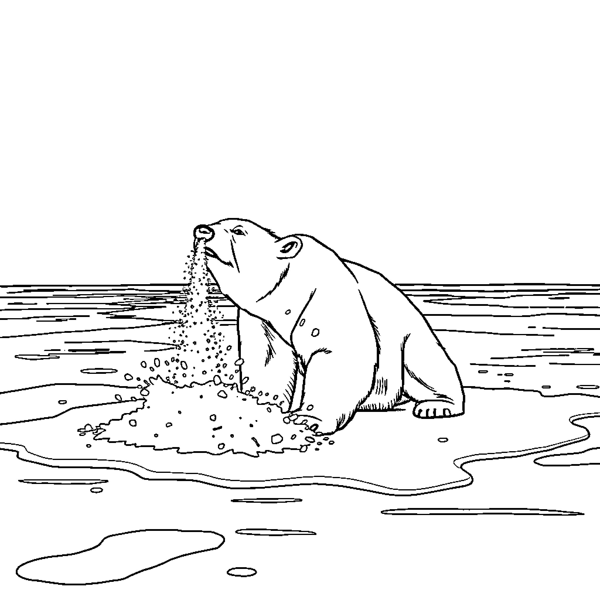 Polar Bear splashing in the icy waters Coloring Page (free black-and-white line drawing printable PDF for all, from beginners to advanced learners, including children, teens, adults, and seniors)