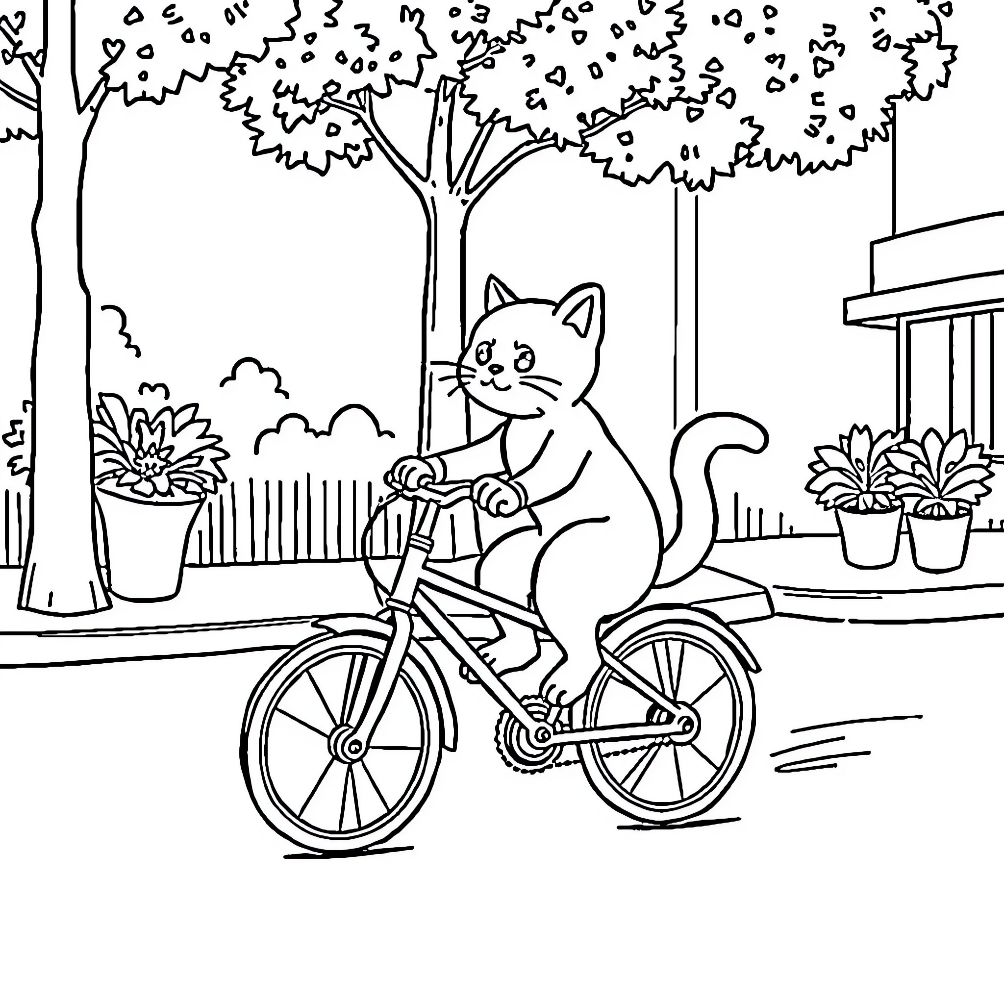 Cat riding a bicycle in the park Coloring Page (free black-and-white line drawing printable PDF for all, from beginners to advanced learners, including children, teens, adults, and seniors)