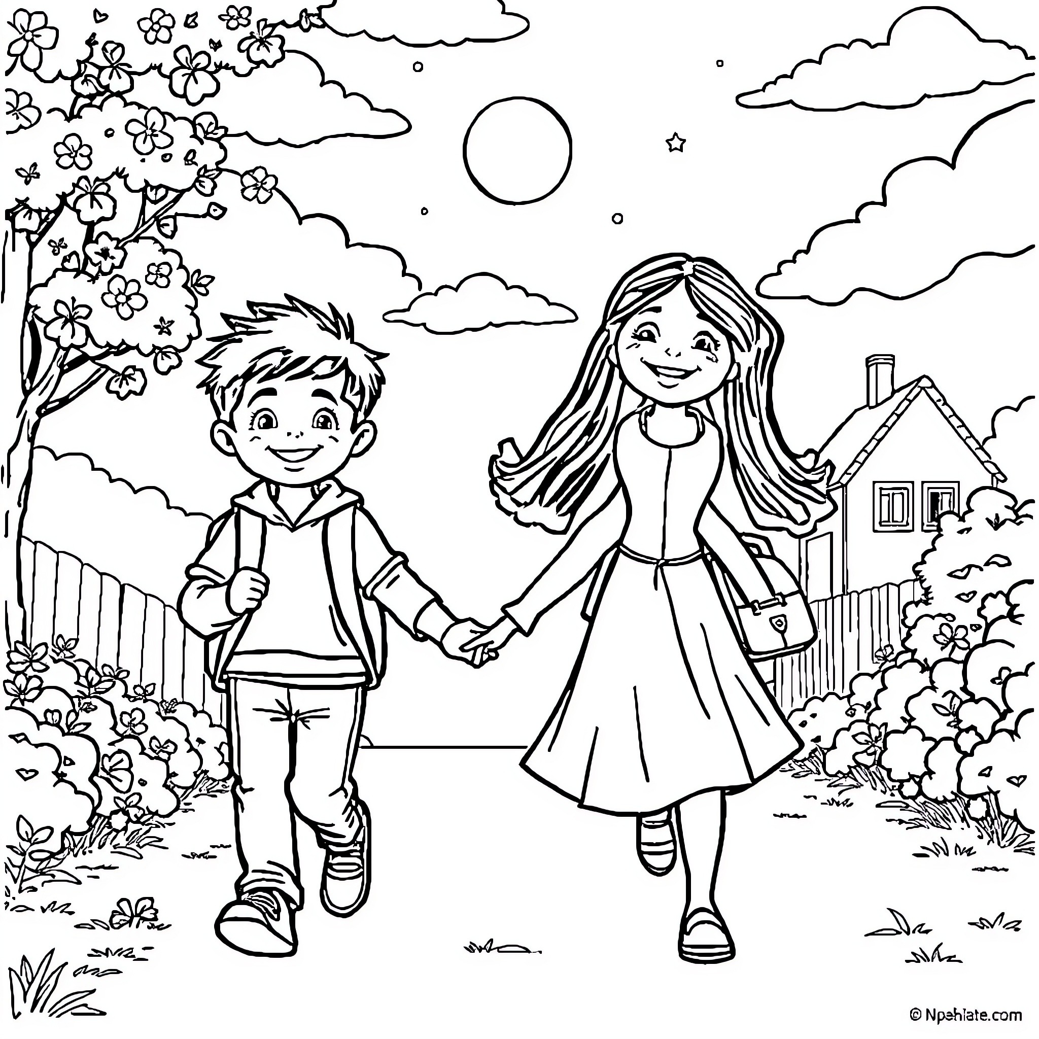 Enfant playing happily in the countryside Coloring Page (free black-and-white line drawing printable PDF for all, from beginners to advanced learners, including children, teens, adults, and seniors)